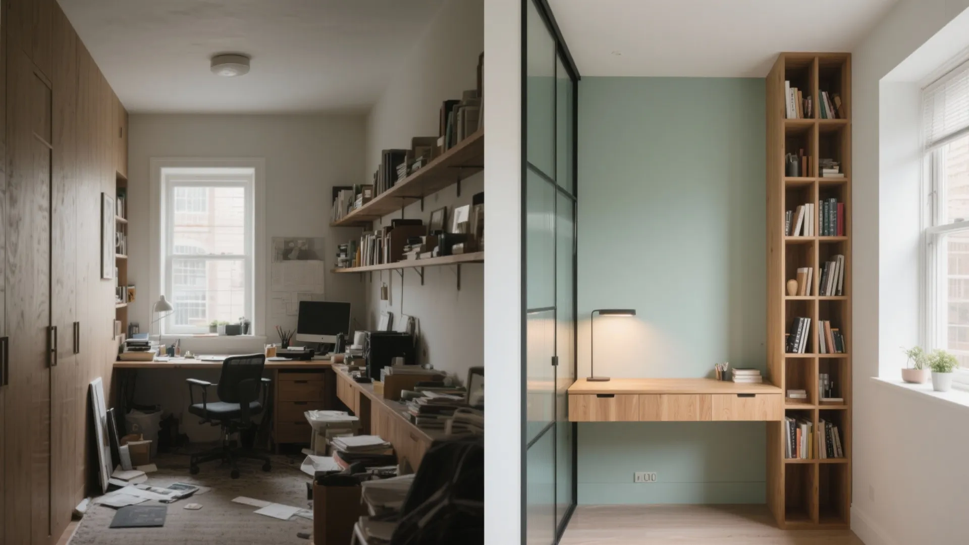 Before and after comparison of messy dark room versus clean bright modern home office layout