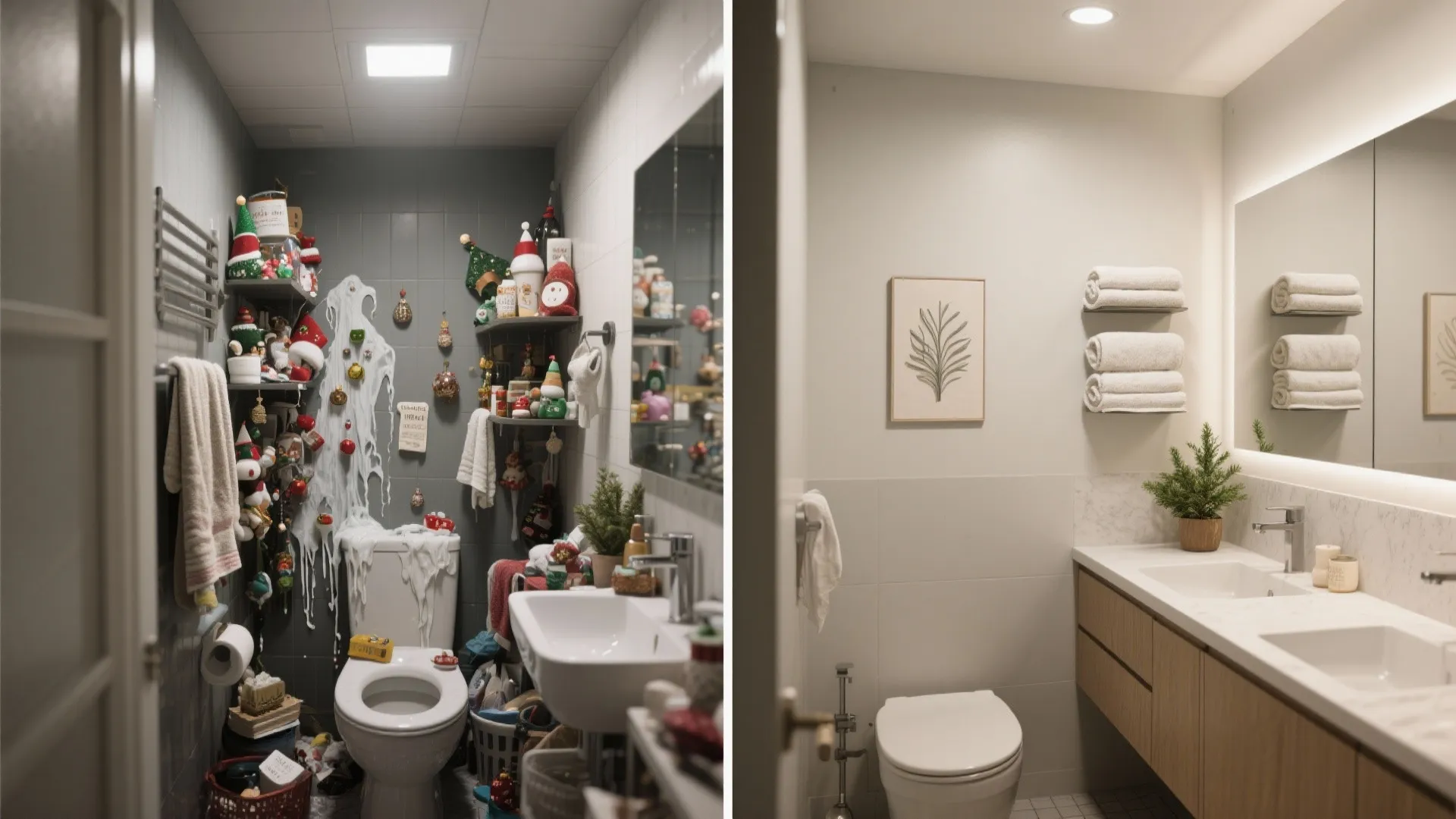 Before and after comparison of a messy cluttered bathroom versus a clean minimalist organized bathroom