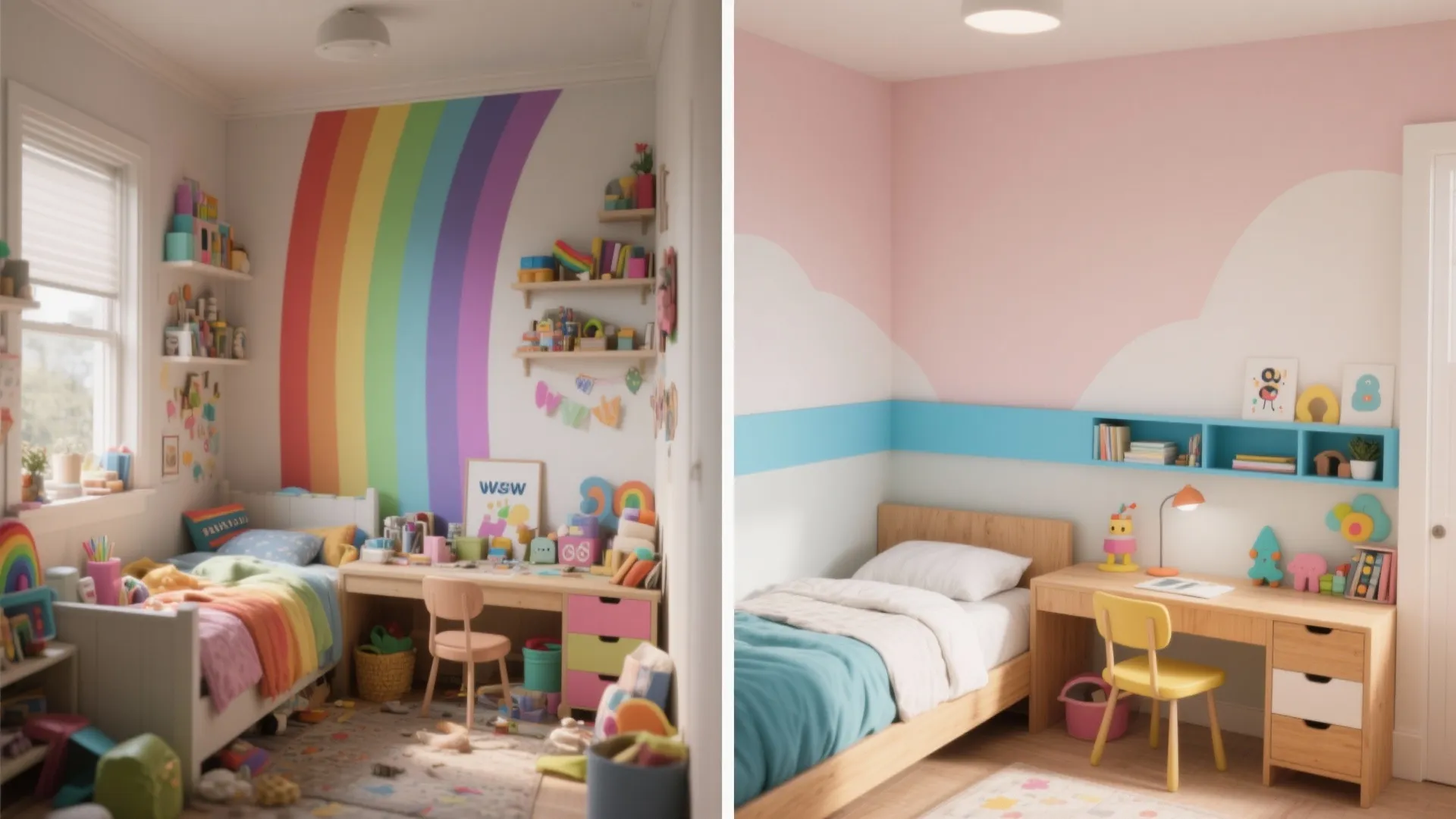 Before and after comparison of a messy kids bedroom versus a clean organized colorful bedroom