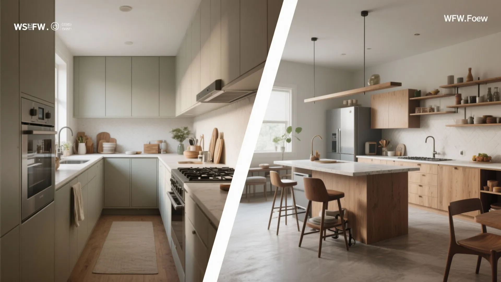 Before and after comparison of a galley kitchen versus an open plan kitchen with island
