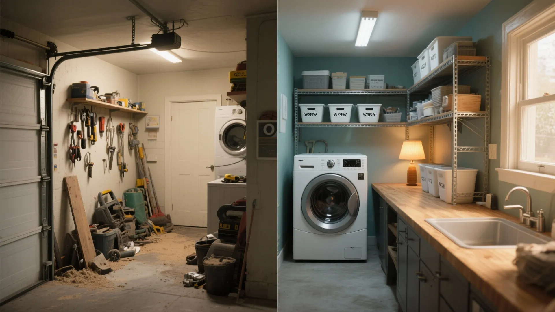 Before and after of a cluttered garage corner converted into an organized laundry area