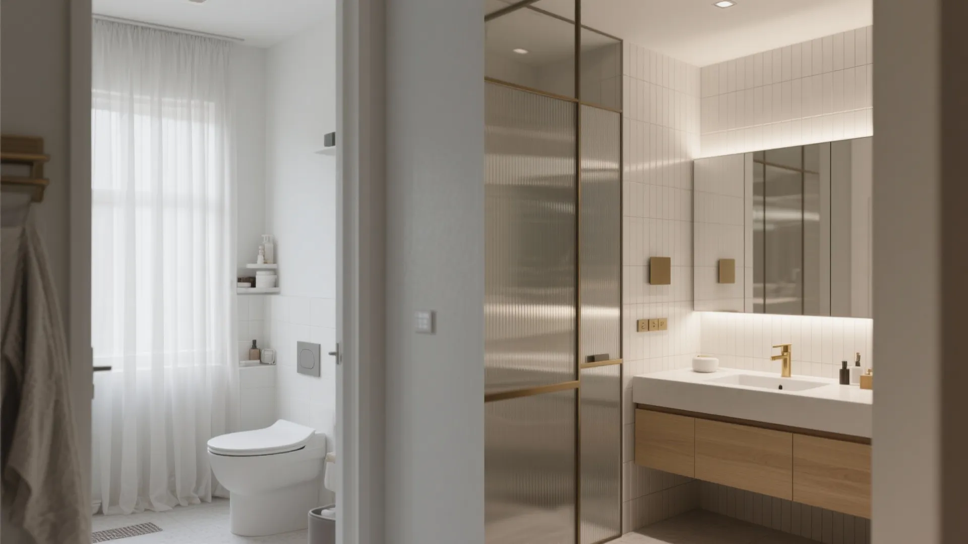 Interior design drawing of a bathroom with wooden cabinet, gold faucet, and glass partition wall