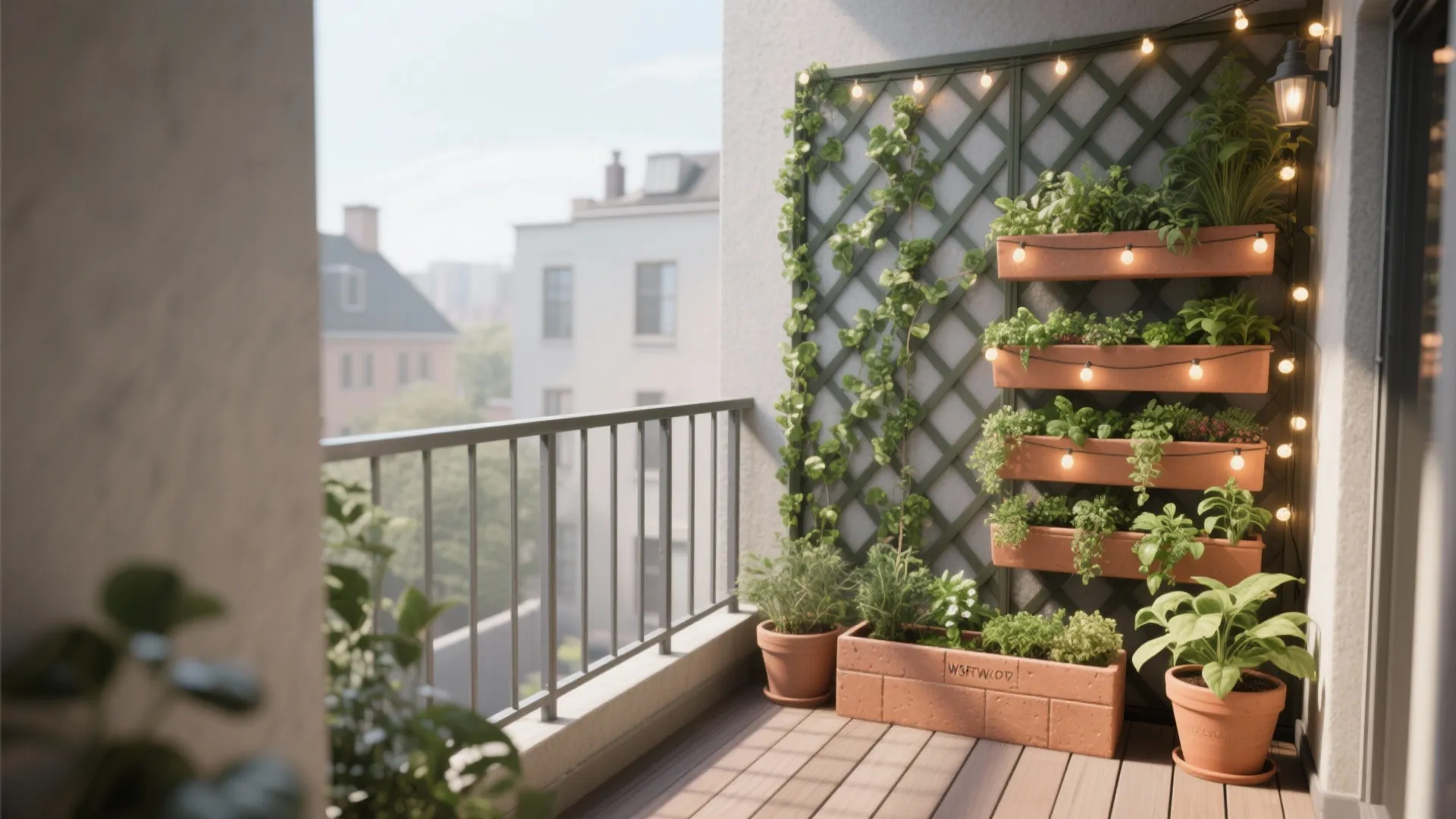 Balcony with vertical garden, wooden decking, green trellis, hanging plants, and warm outdoor string lights