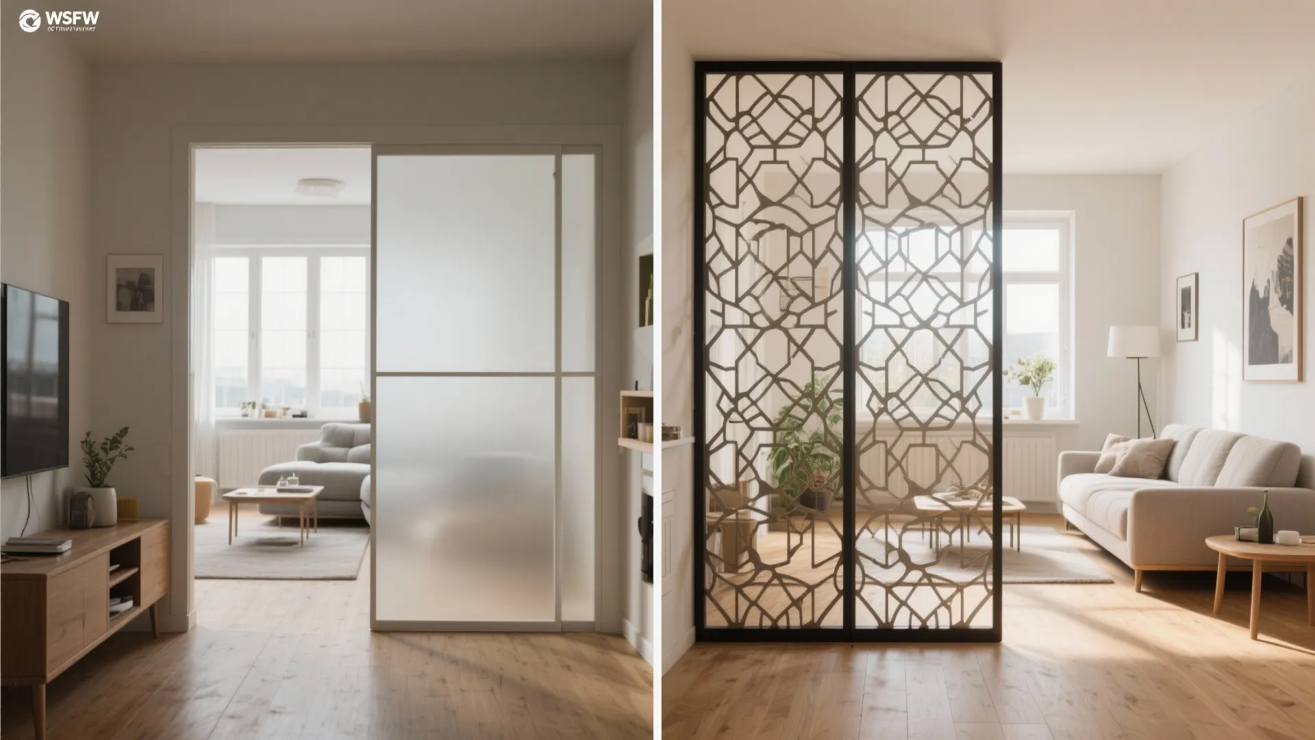 Before and after comparison of a frosted glass sliding door and a patterned room divider