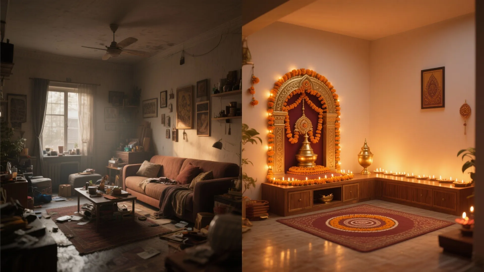Before-and-after of a small living room transformed into a calm Diwali mandir with warm lighting and minimal florals.
