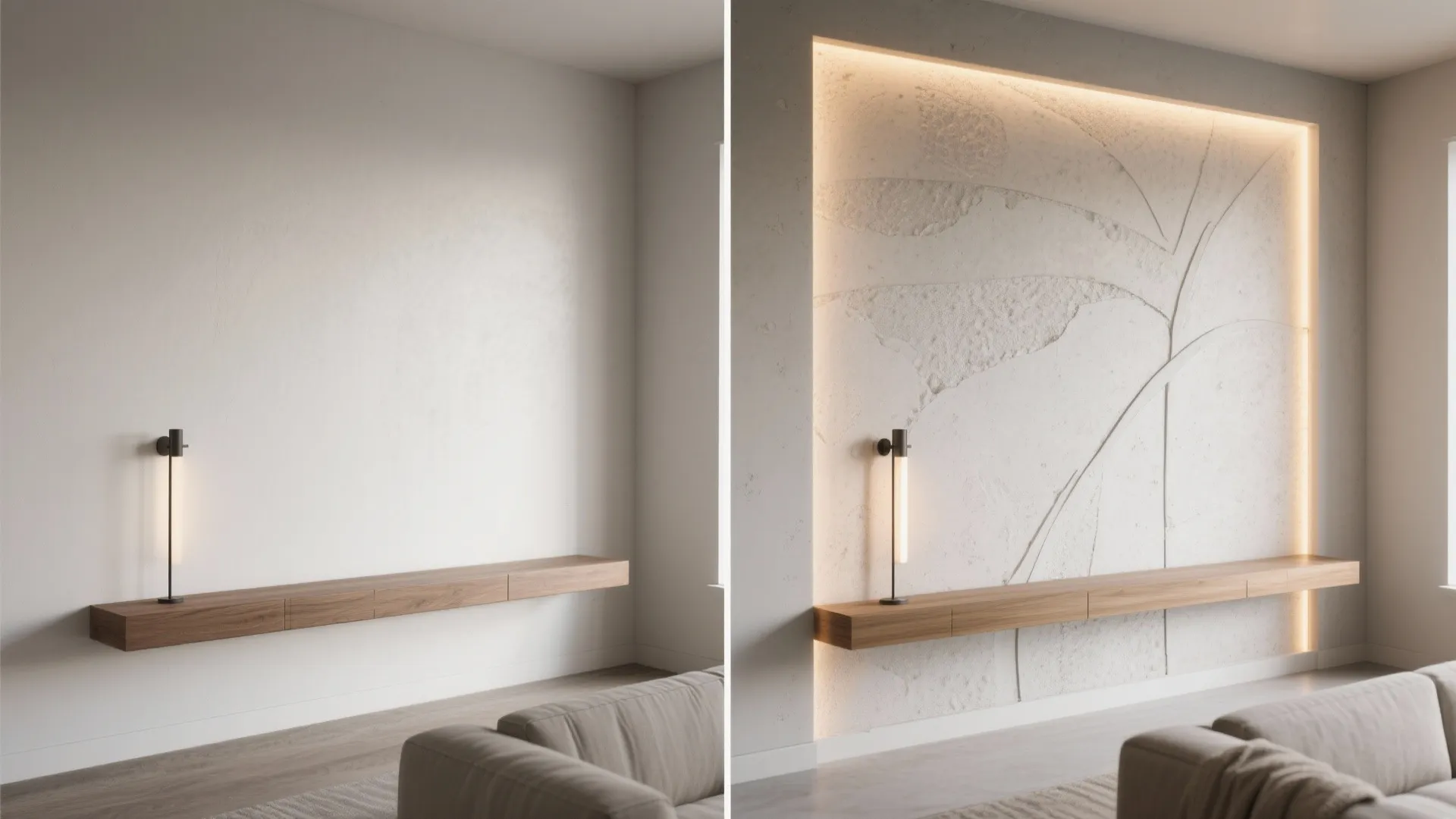 Before and after comparison of a plain white wall versus a decorative textured wall design