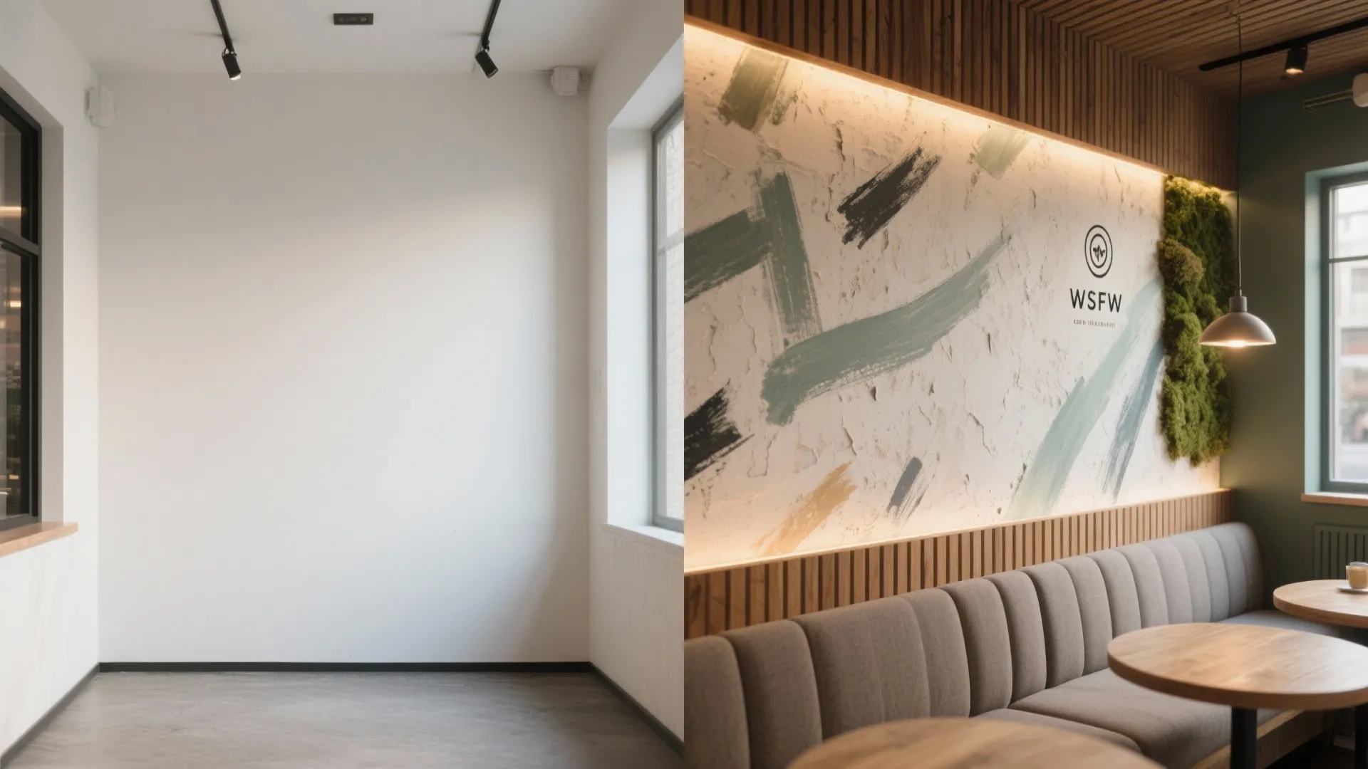 Before and after comparison of a plain white room versus a decorated cafe seating area