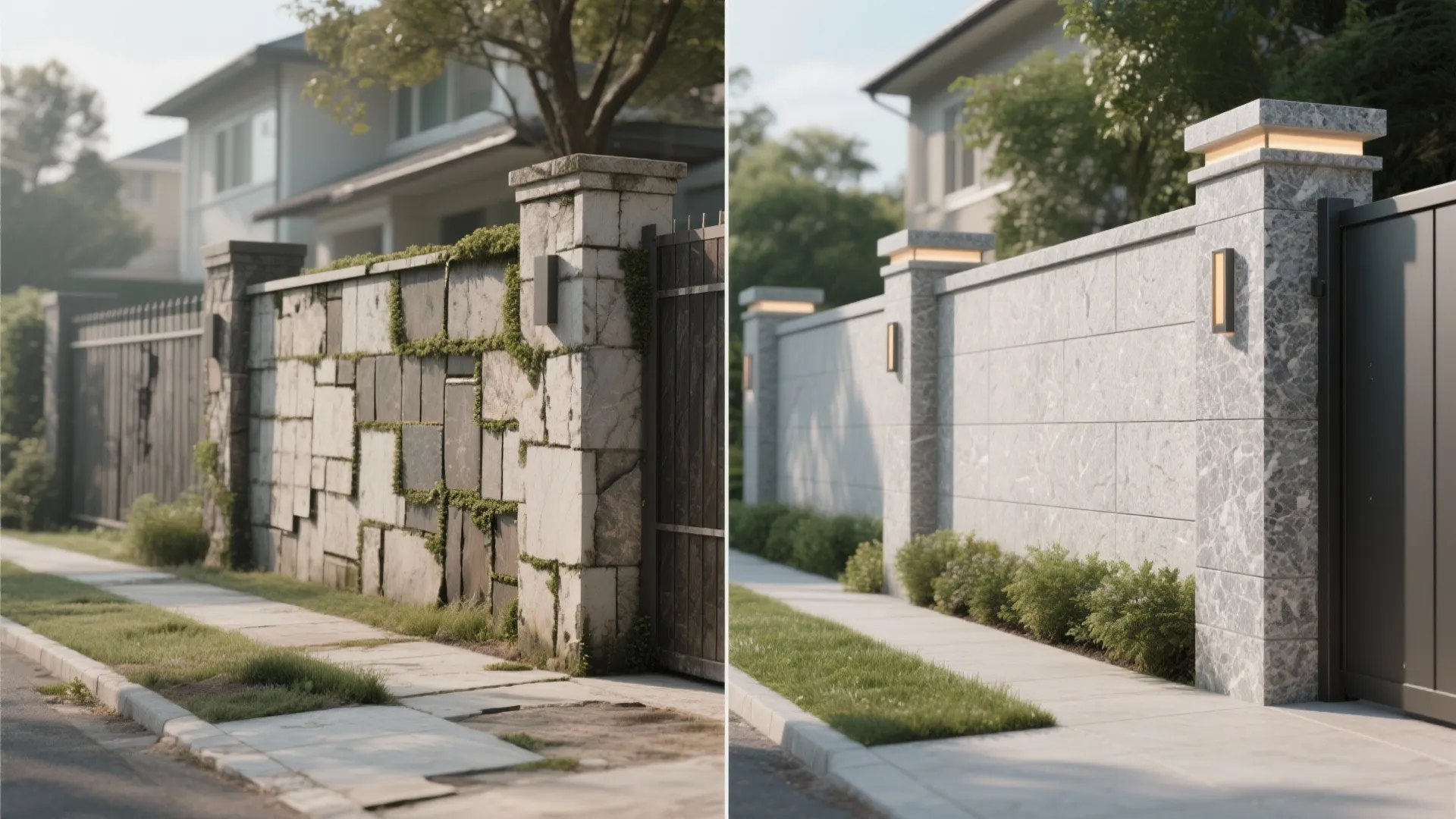 Before and after comparison of an old stone wall versus a new modern garden wall design
