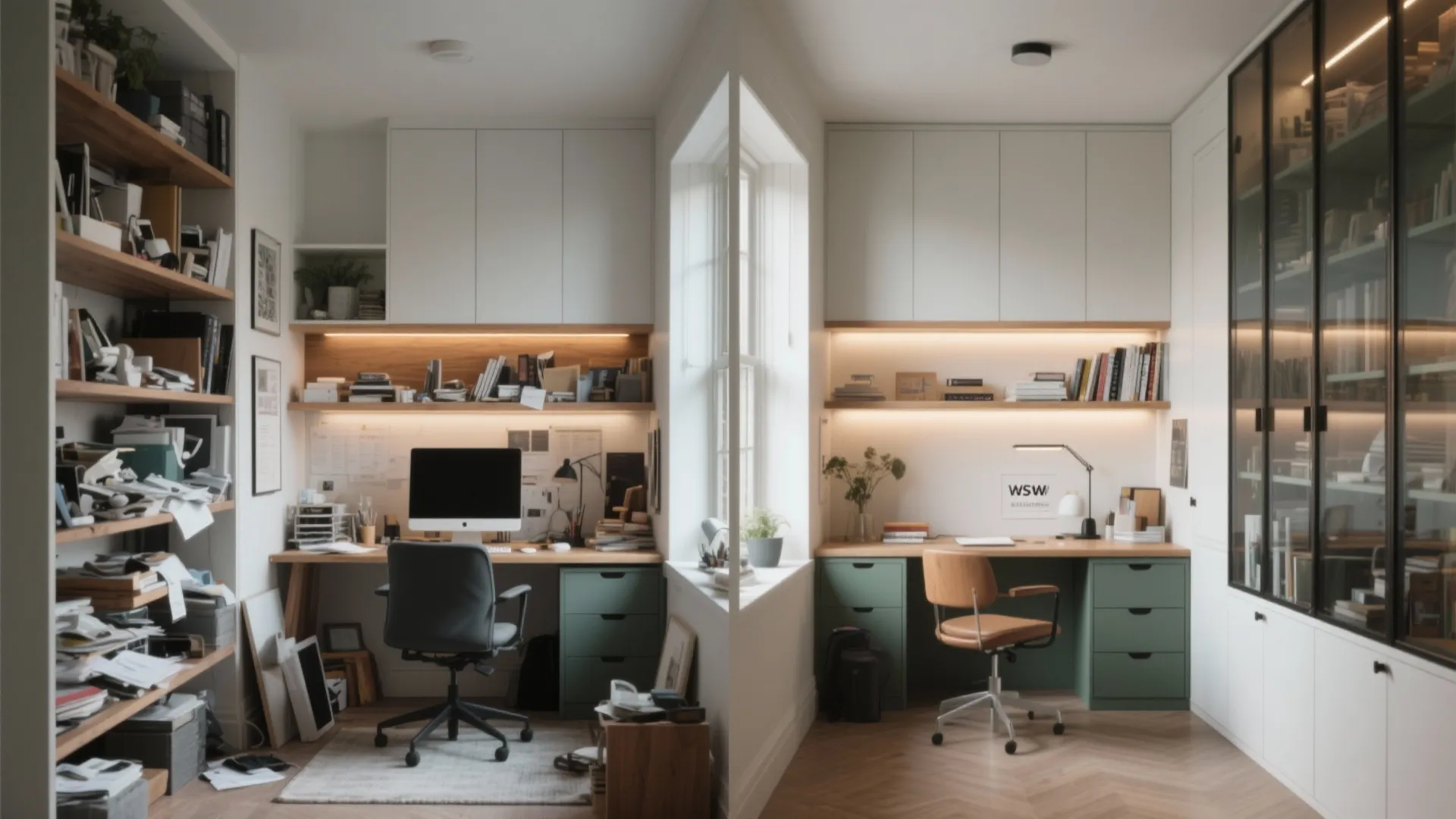 Before and after comparison of a messy home office versus a clean organized workspace design