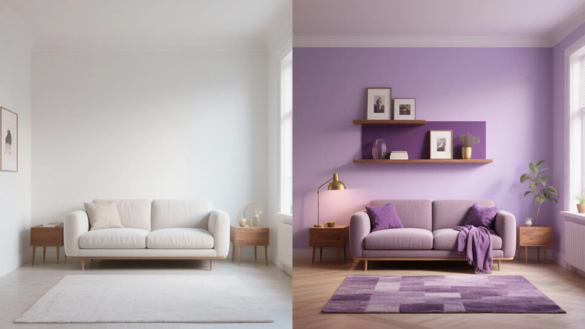 Before and after interior design comparison showing a white living room versus a purple room