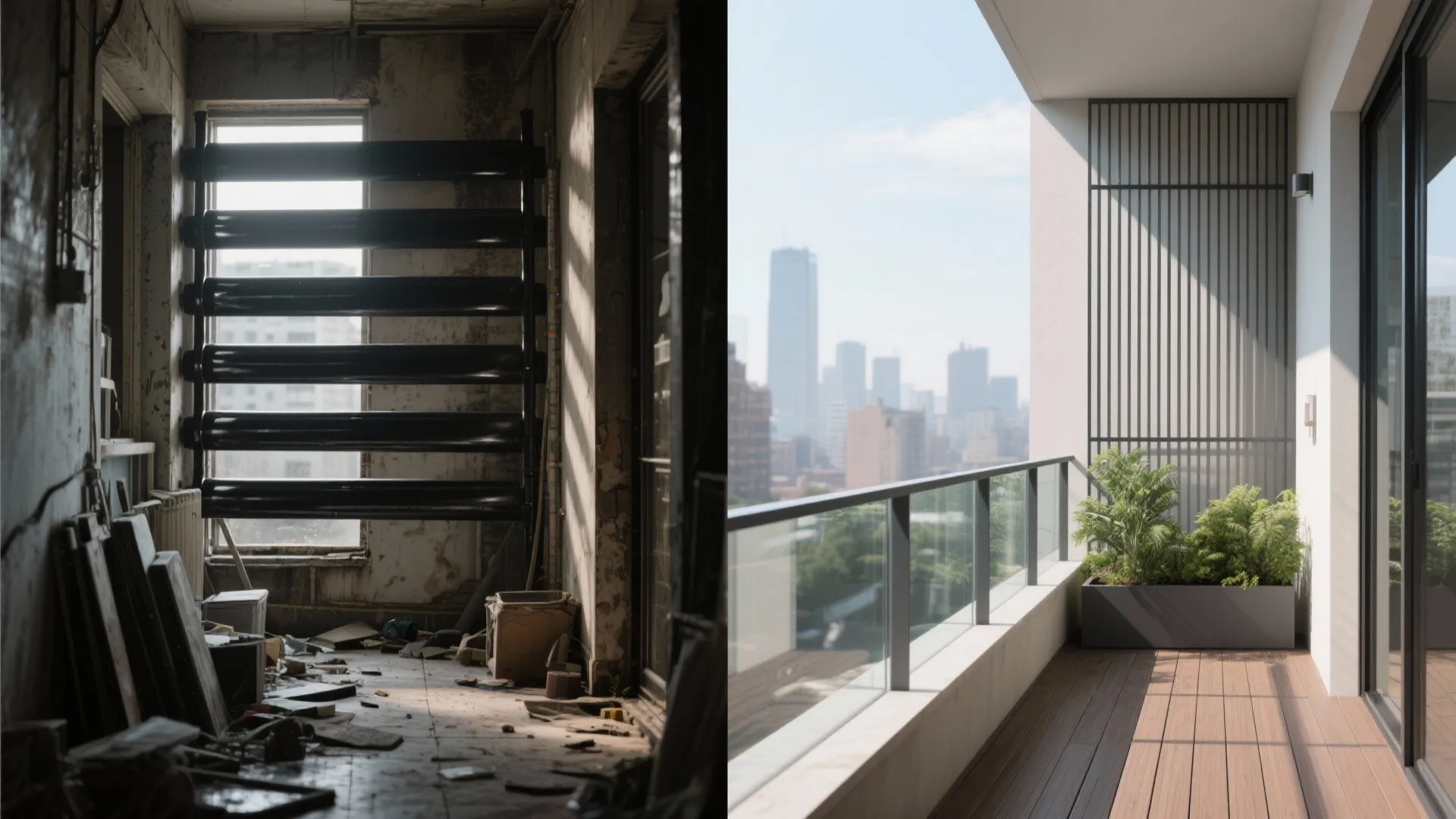 Before and after comparison showing a messy old balcony transformed into a clean modern balcony space