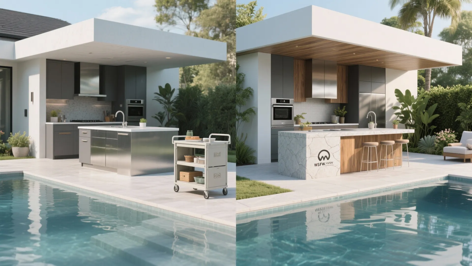Before and after comparison of two outdoor kitchen designs next to a luxury swimming pool