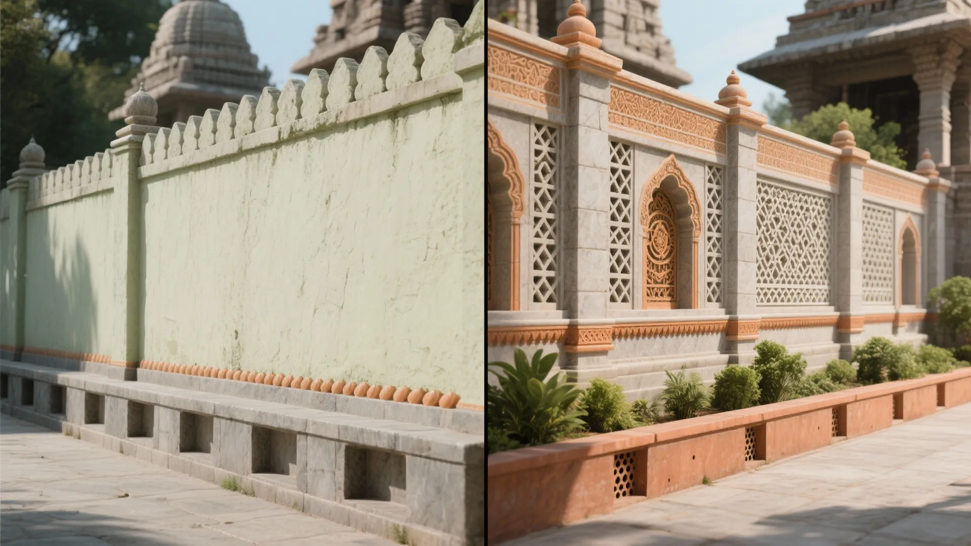 Before and after comparison of a plain green wall versus a decorative stone wall design