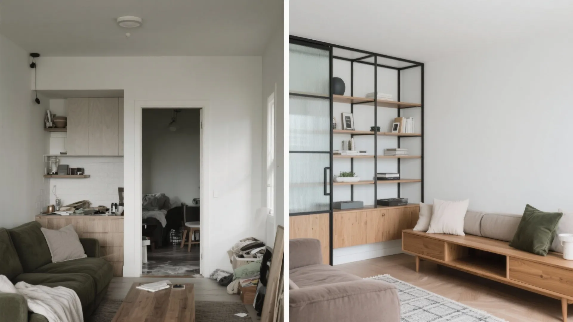 Before and after comparison of messy room versus organized space with bookshelf bench and sofa