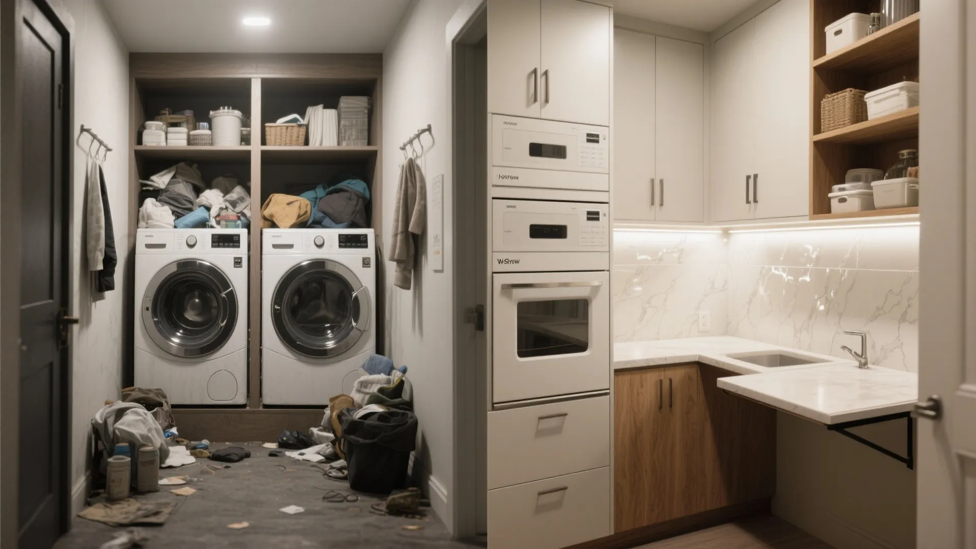 Side-by-side comparison showing a messy laundry room versus a clean and organized modern laundry area