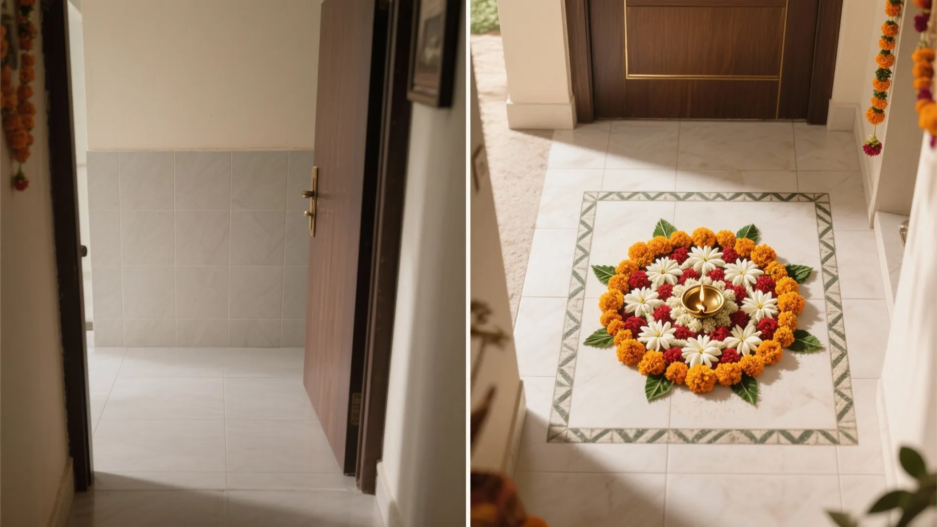 Before and after comparison of a plain white floor entryway versus a colorful flower decoration