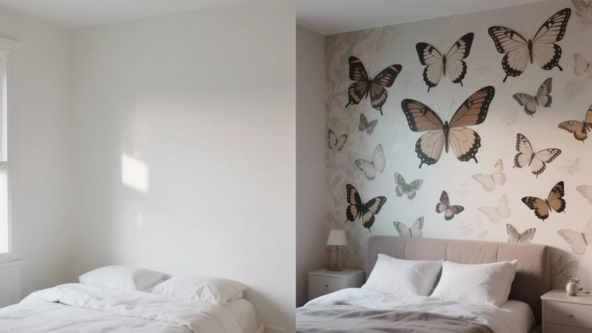 Before-and-after comparison of a small bedroom wall transformed with a butterfly design.