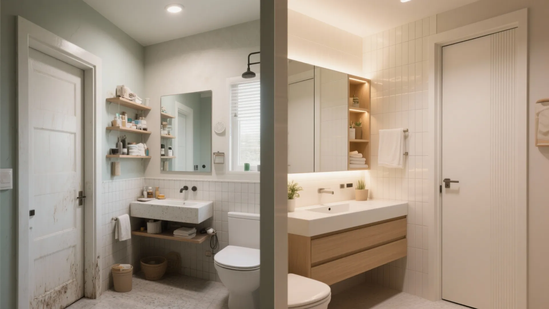 Side-by-side comparison of a cluttered old bathroom and a modern clean renovated bathroom design layout