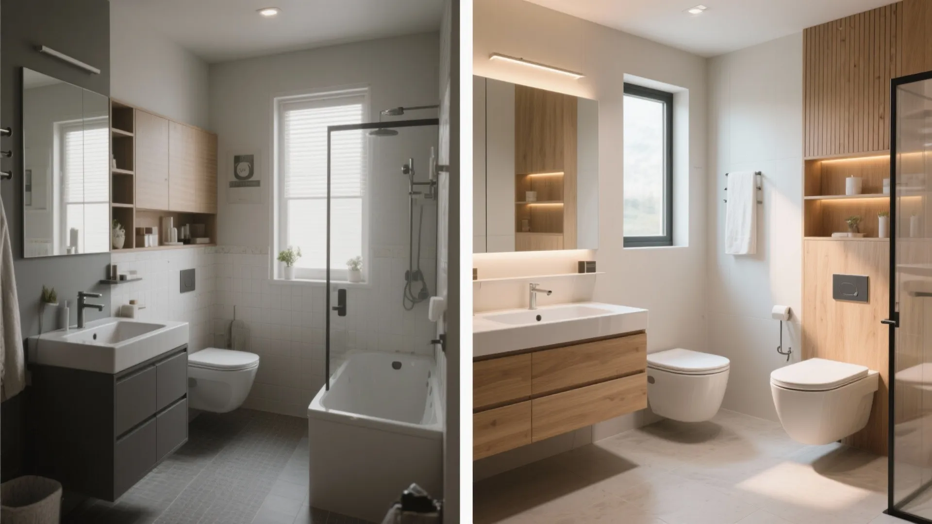 Before and after comparison of a small bathroom renovation with modern wood cabinets and lighting