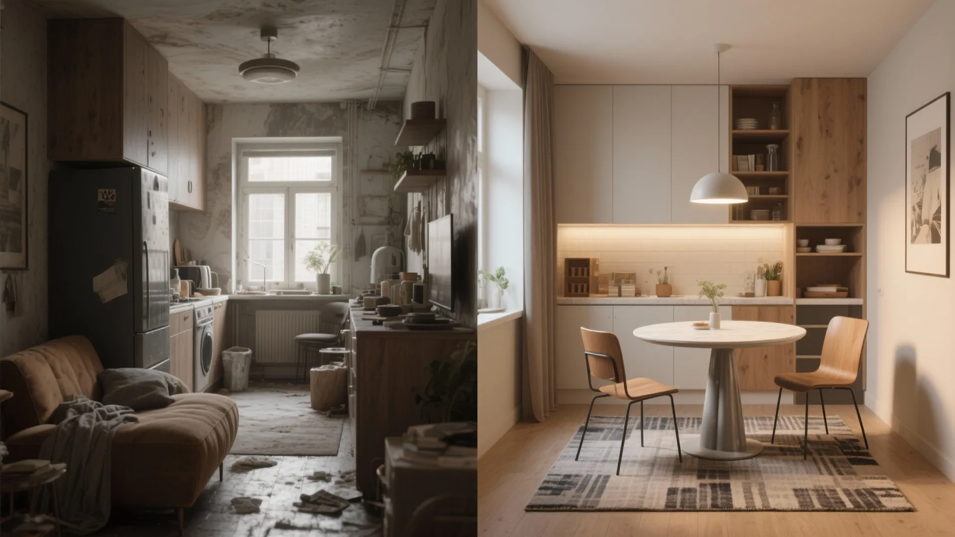 Before and after comparison of a messy old kitchen and a clean modern dining room
