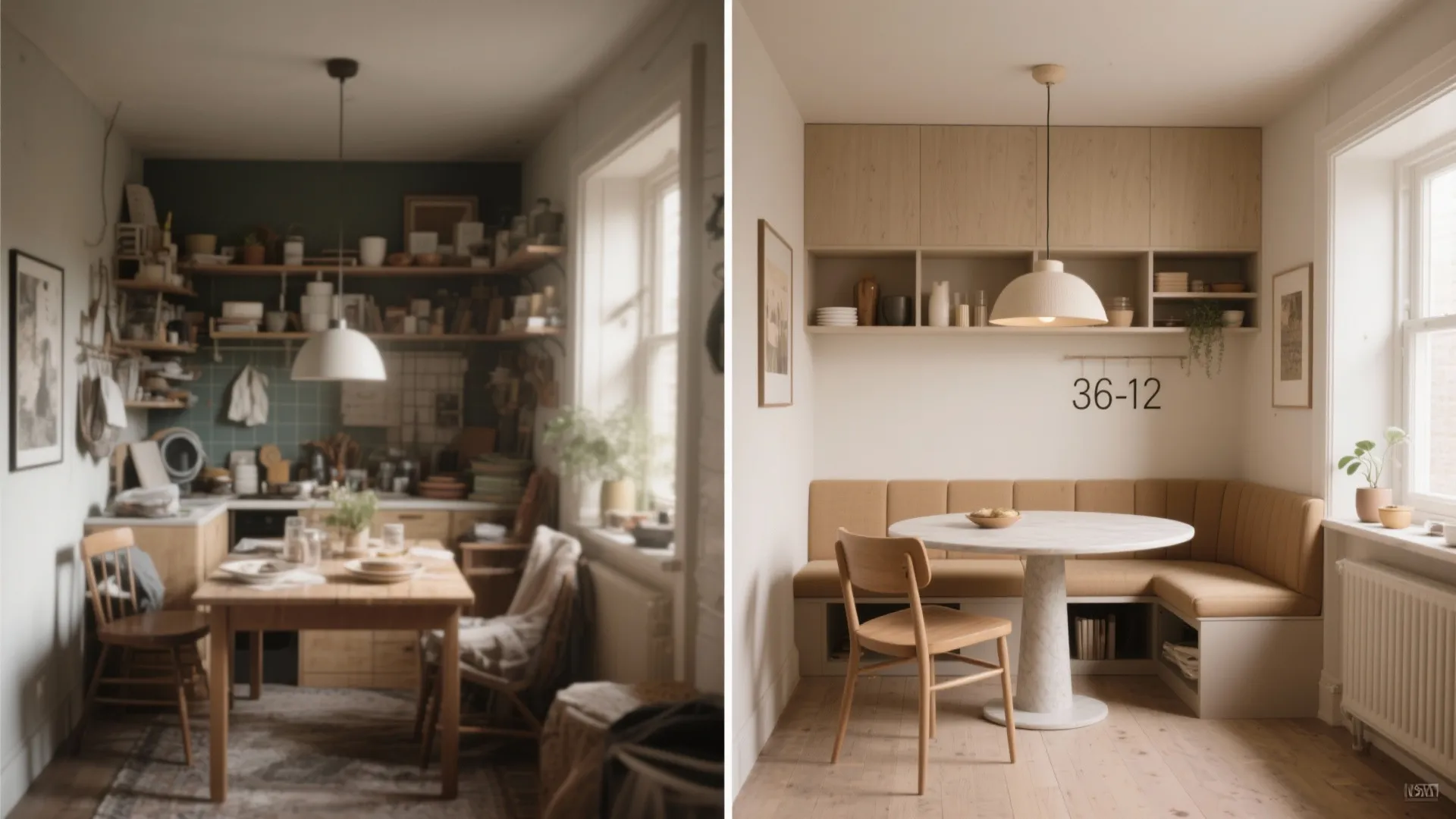 Before-and-after comparison of a small dining alcove transformed with a compact round table, banquette storage, and pendant lighting.