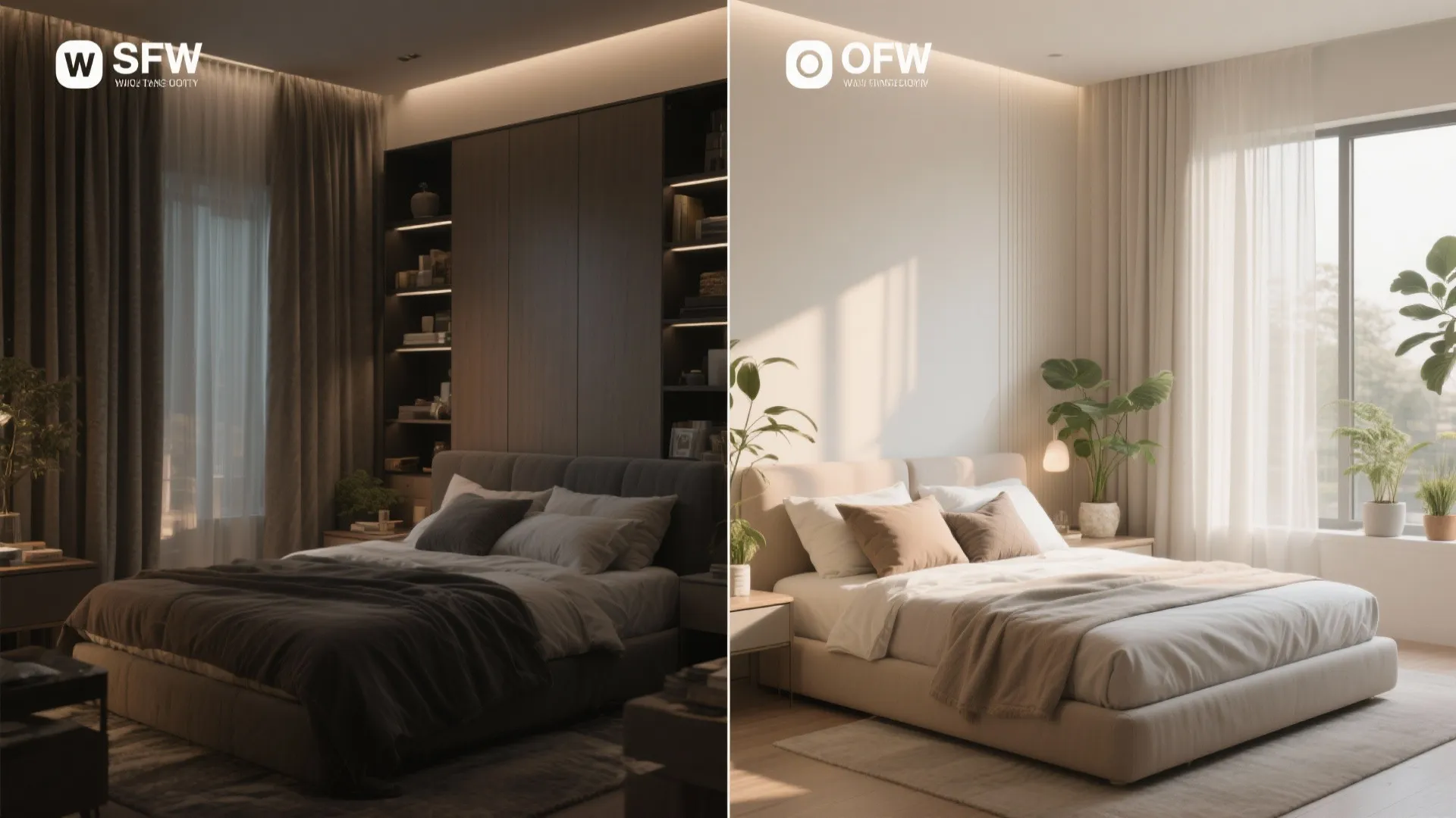 Side by side lighting comparison between a dark moody bedroom and a bright natural light bedroom