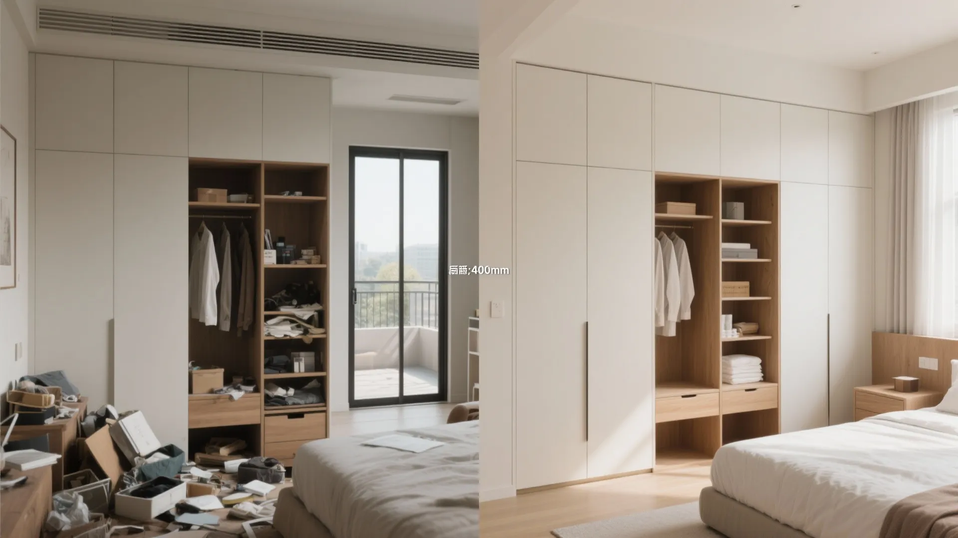 Before-and-after comparison showing a messy bedroom transformed into a neat and organized white wardrobe space