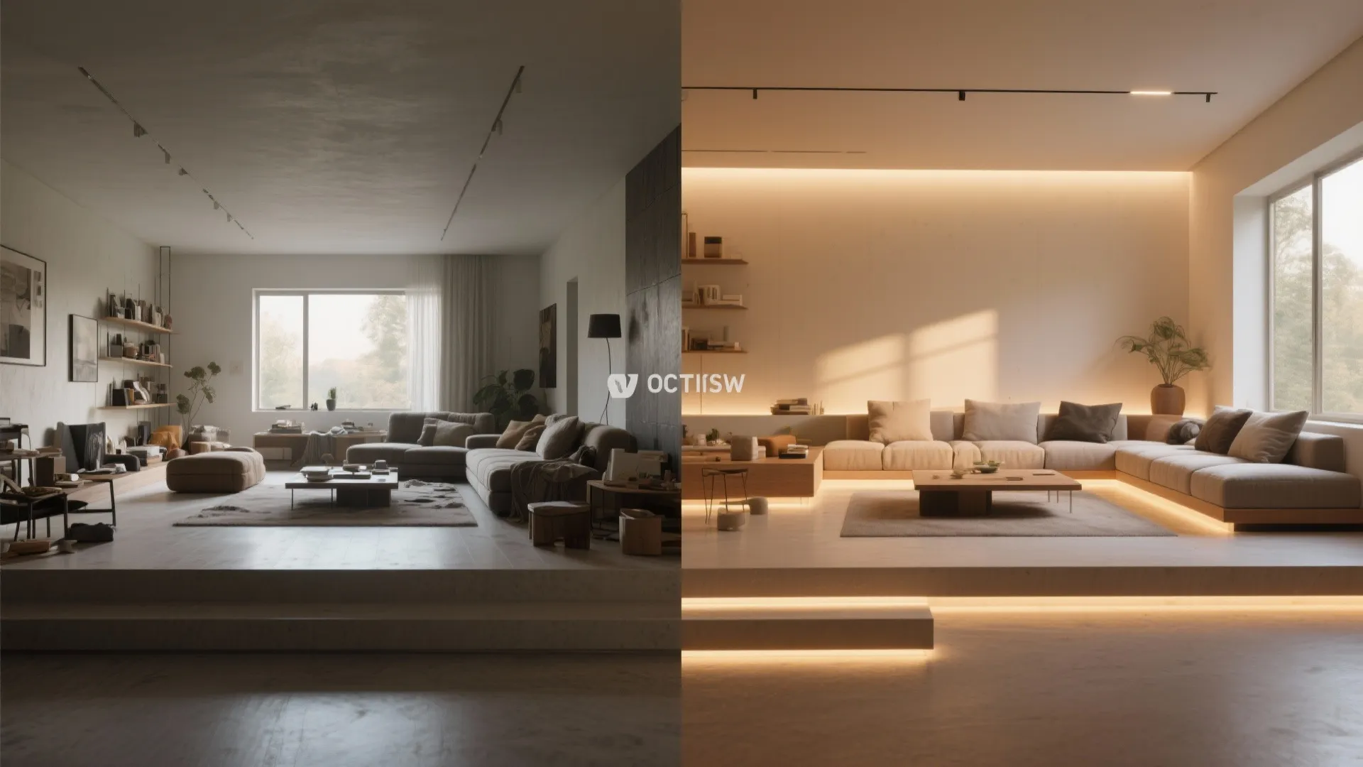 Before and after comparison of a living room showing natural daylight versus warm indoor light effects