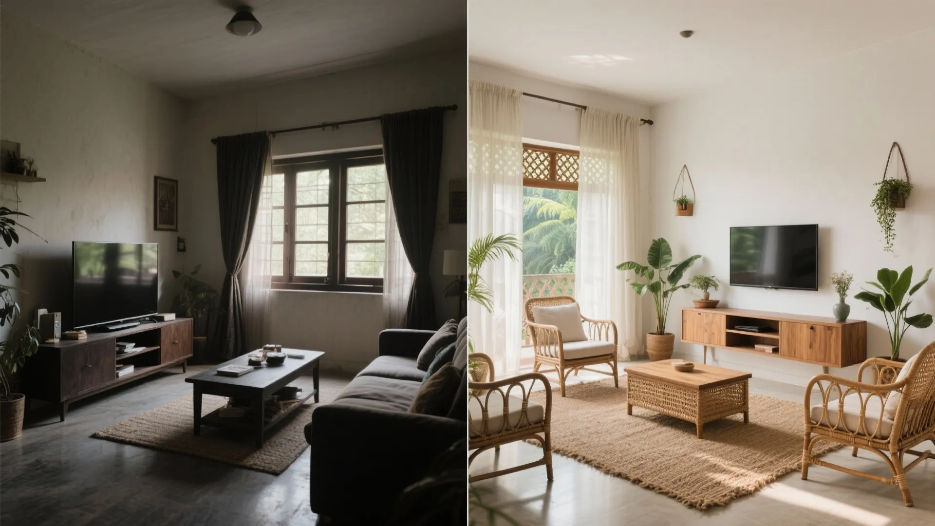 Before and after comparison of a dark living room versus a bright modern tropical interior design