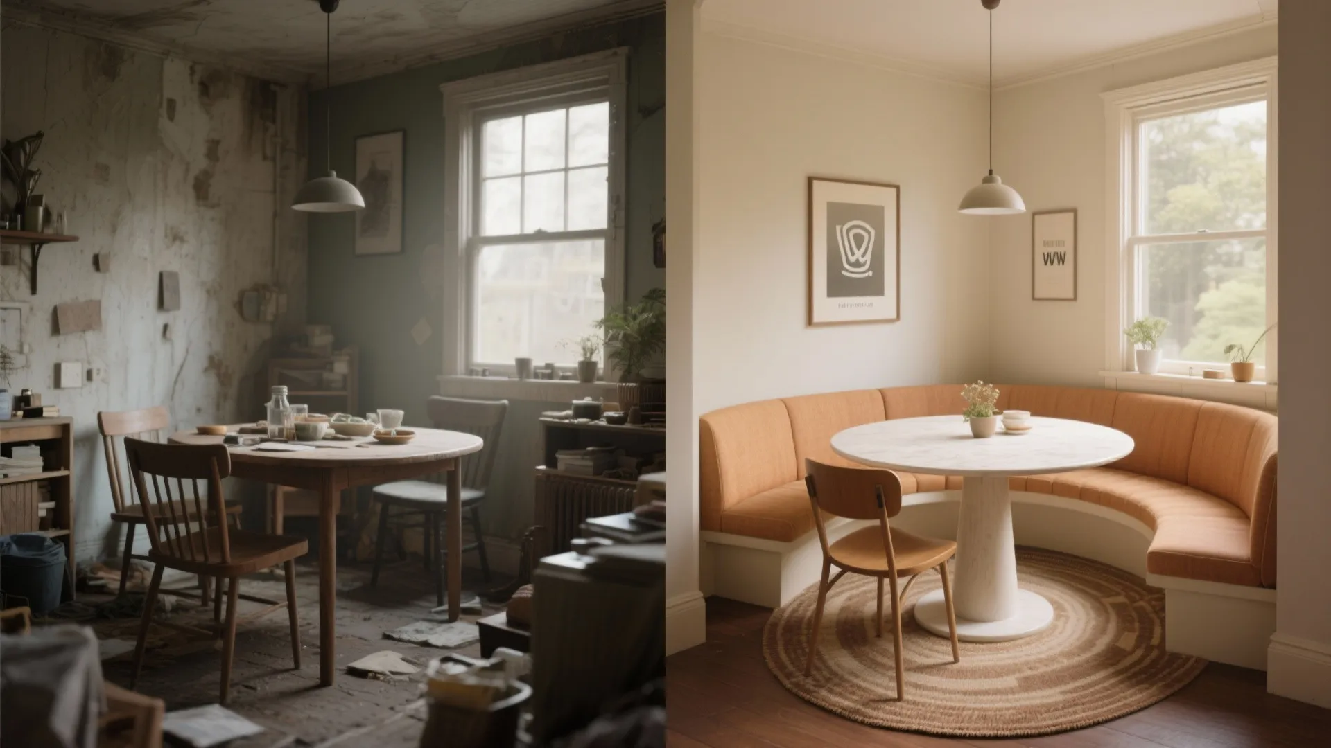 Before and after interior design comparison of a messy old kitchen versus a clean modern dining