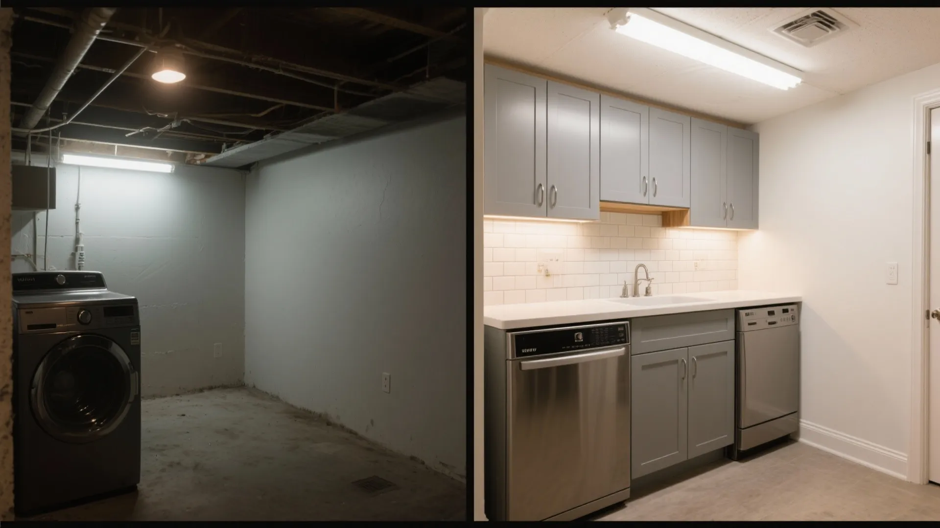 Before and after comparison of dark laundry area renovated with grey cabinets and white sink