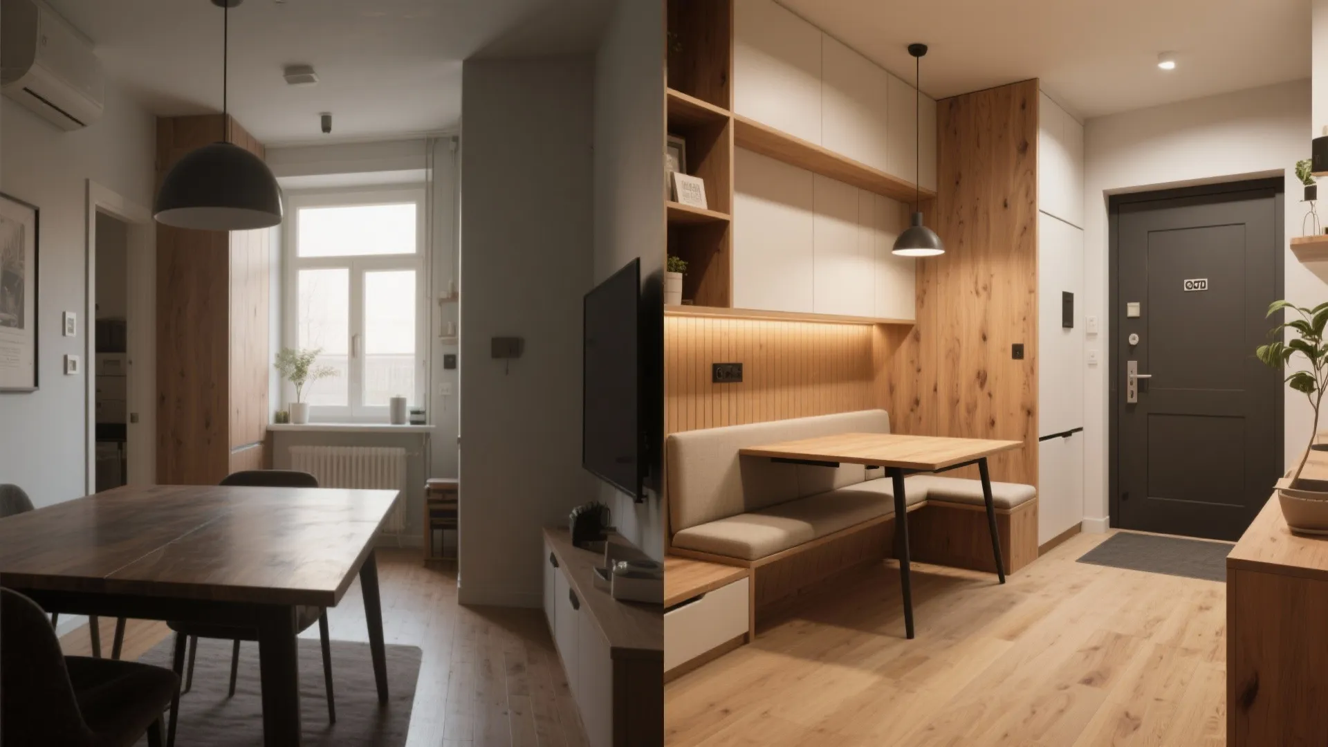 Before and after interior design drawing showing renovated dining room with warm wood wall panel