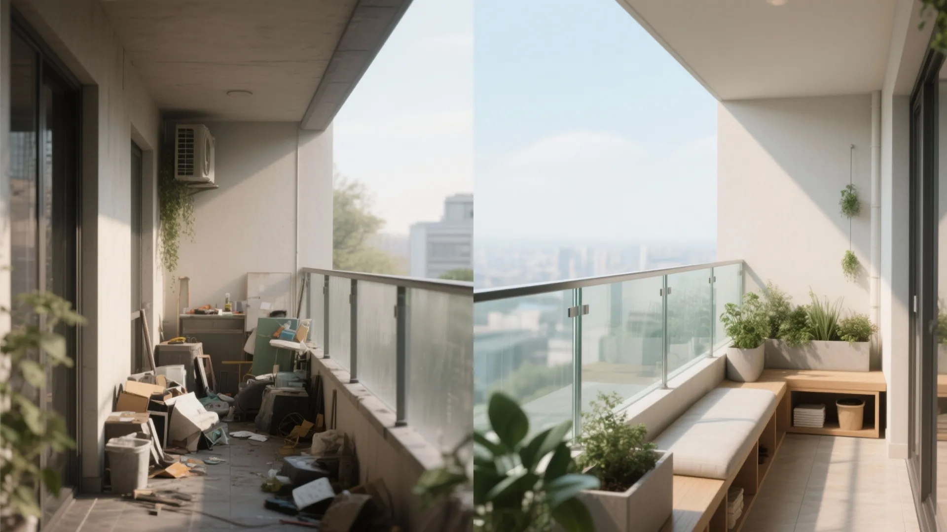 Before and after comparison of a messy balcony versus a clean balcony with wooden bench