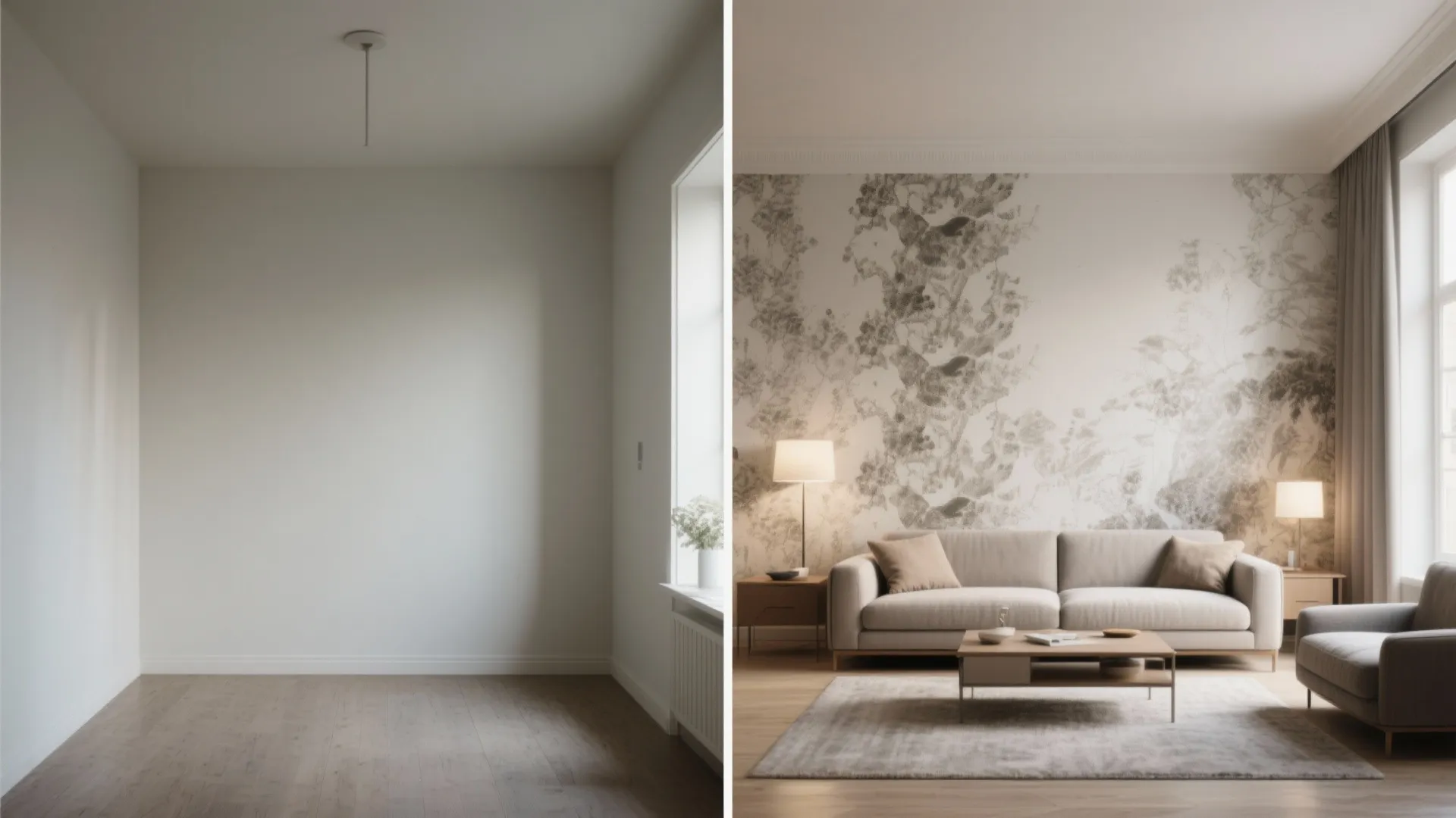 Before-and-after comparison of an empty room versus a finished living room with sofa and wallpaper