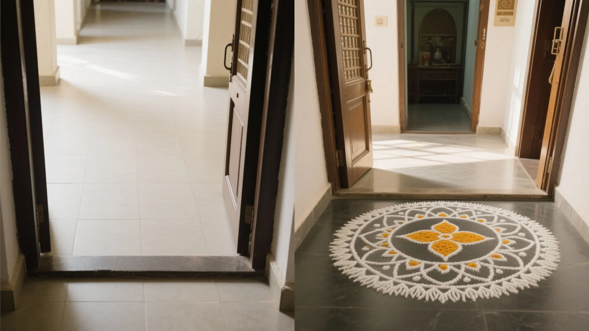 Before-and-after view of a small entry: empty tiles versus a slim bordered circle rangoli.