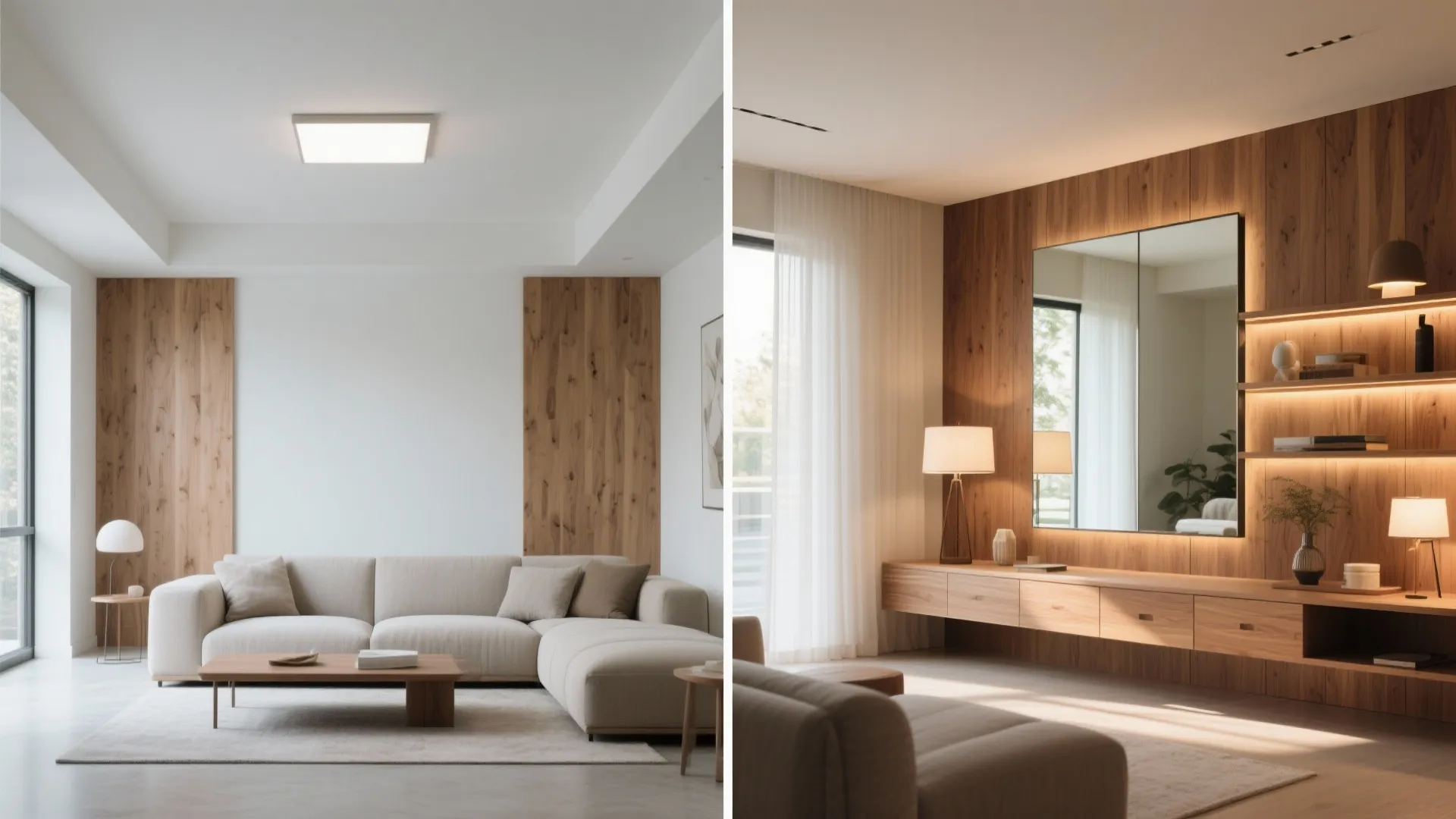 Warm wood, layered lighting, and mirrors for visual breadth