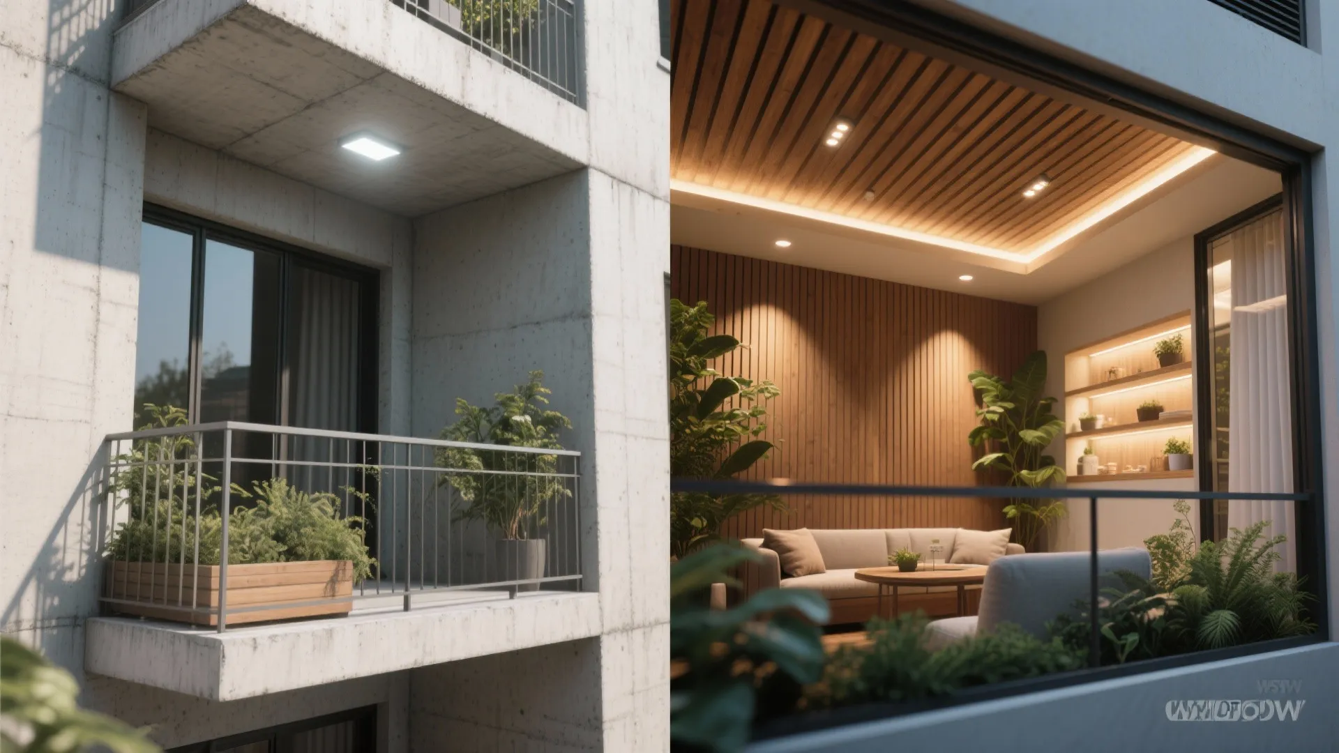 Before and after comparison of a plain concrete balcony versus a modern decorated outdoor living space
