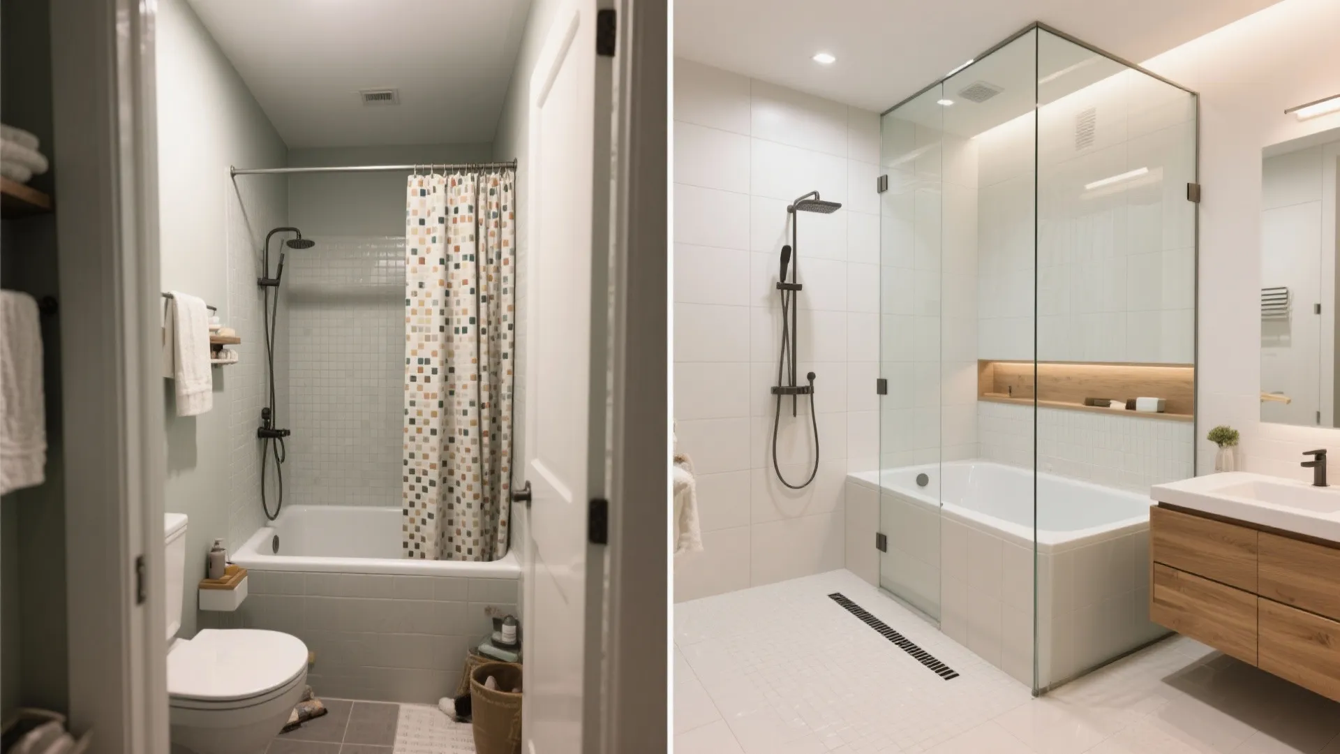 Before and after comparison of a small bathroom renovation with new glass shower and bathtub