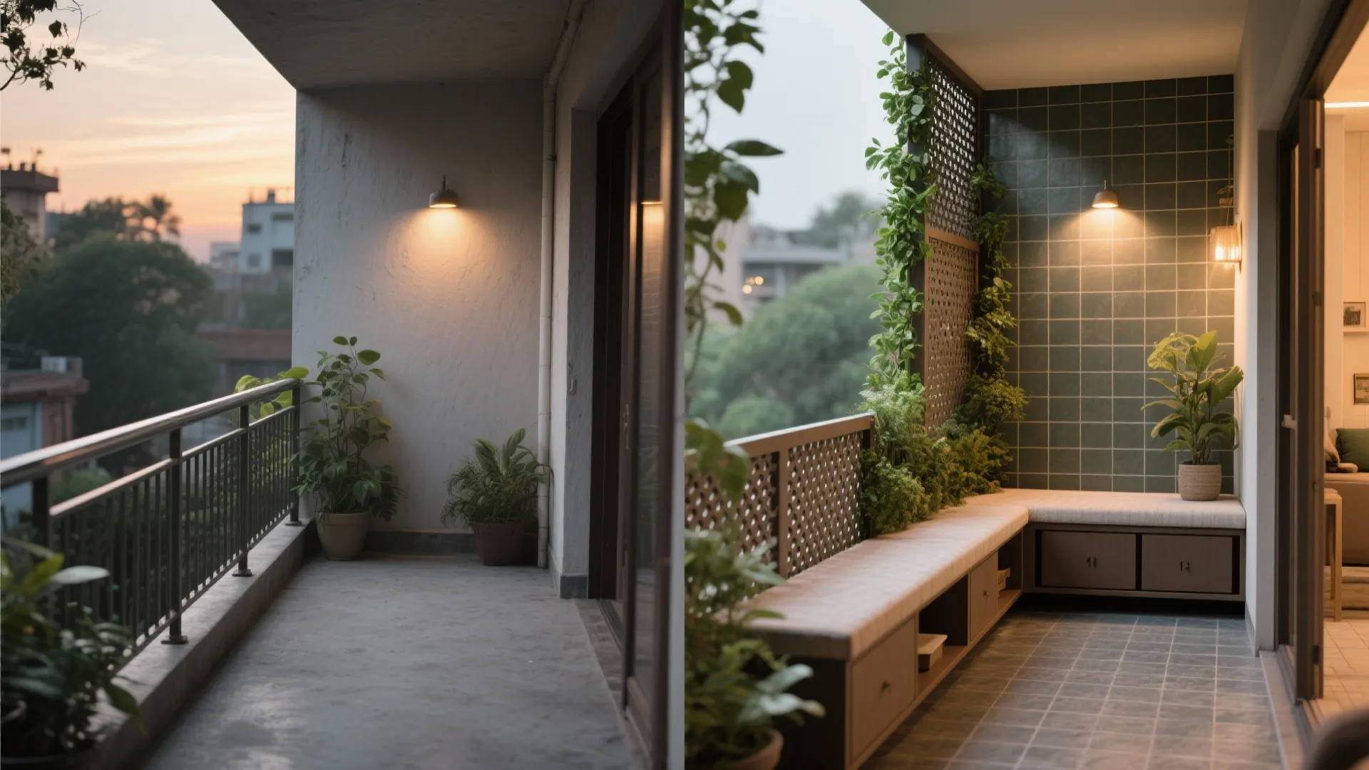 Before and after comparison of a simple empty balcony versus a renovated balcony with green plants