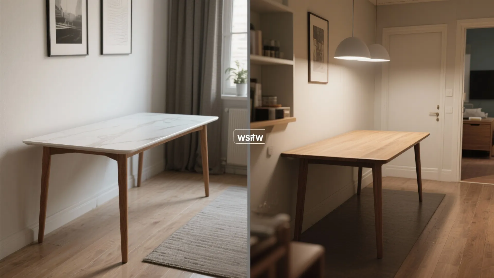 Side by side comparison of a white marble top table and a wooden dining table design