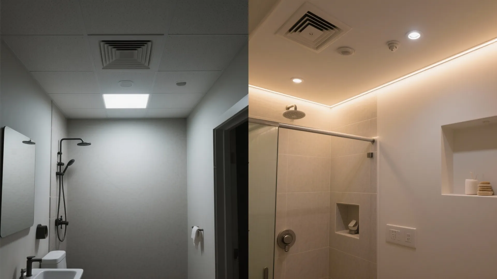 Before and after comparison of old bathroom lighting versus new warm ceiling light fixture design