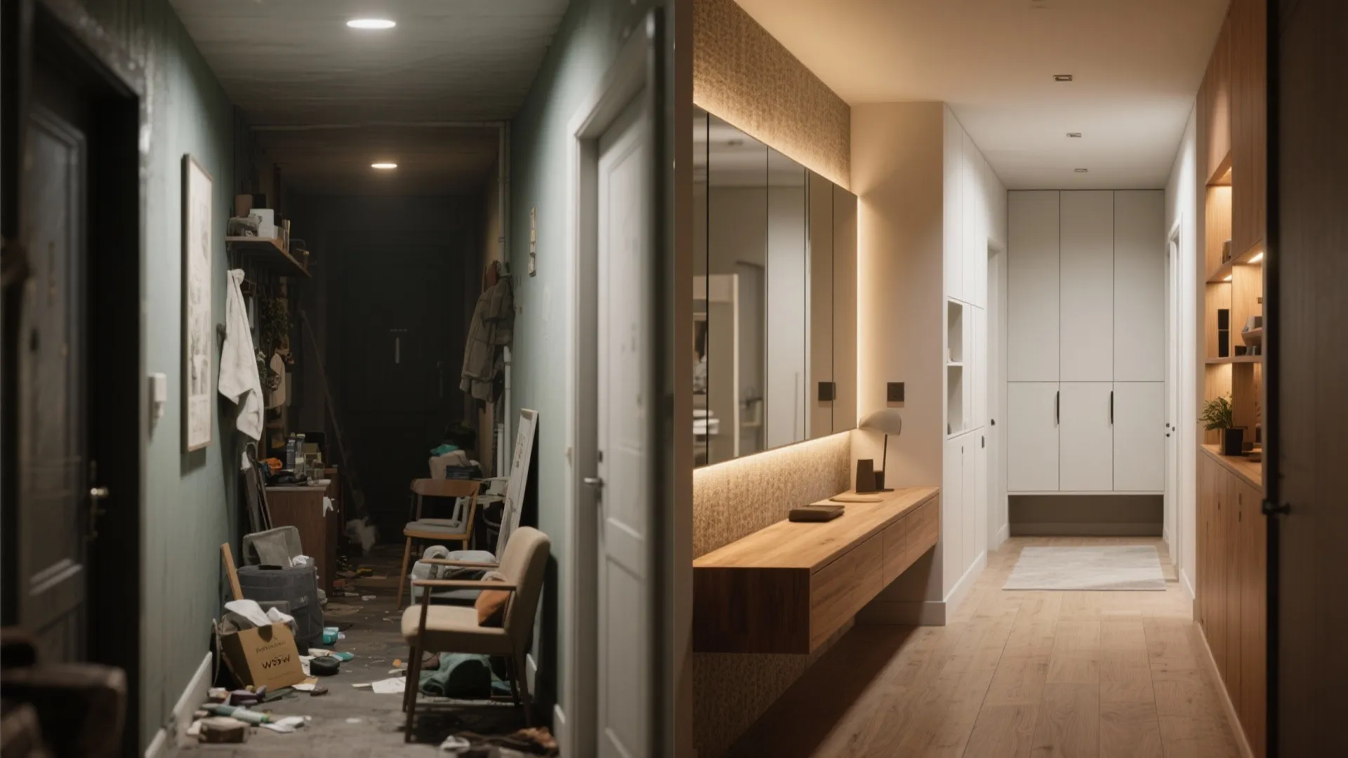 Split-screen hallway showing cluttered before and streamlined after with storage, mirror, and warm light.