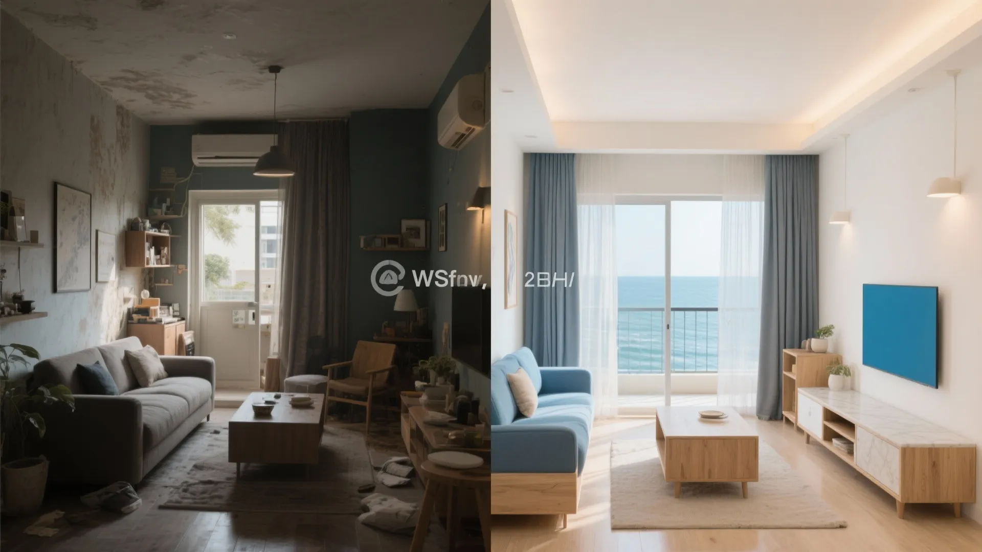Before-and-after comparison of a dark cluttered living room versus a bright modern blue sofa room