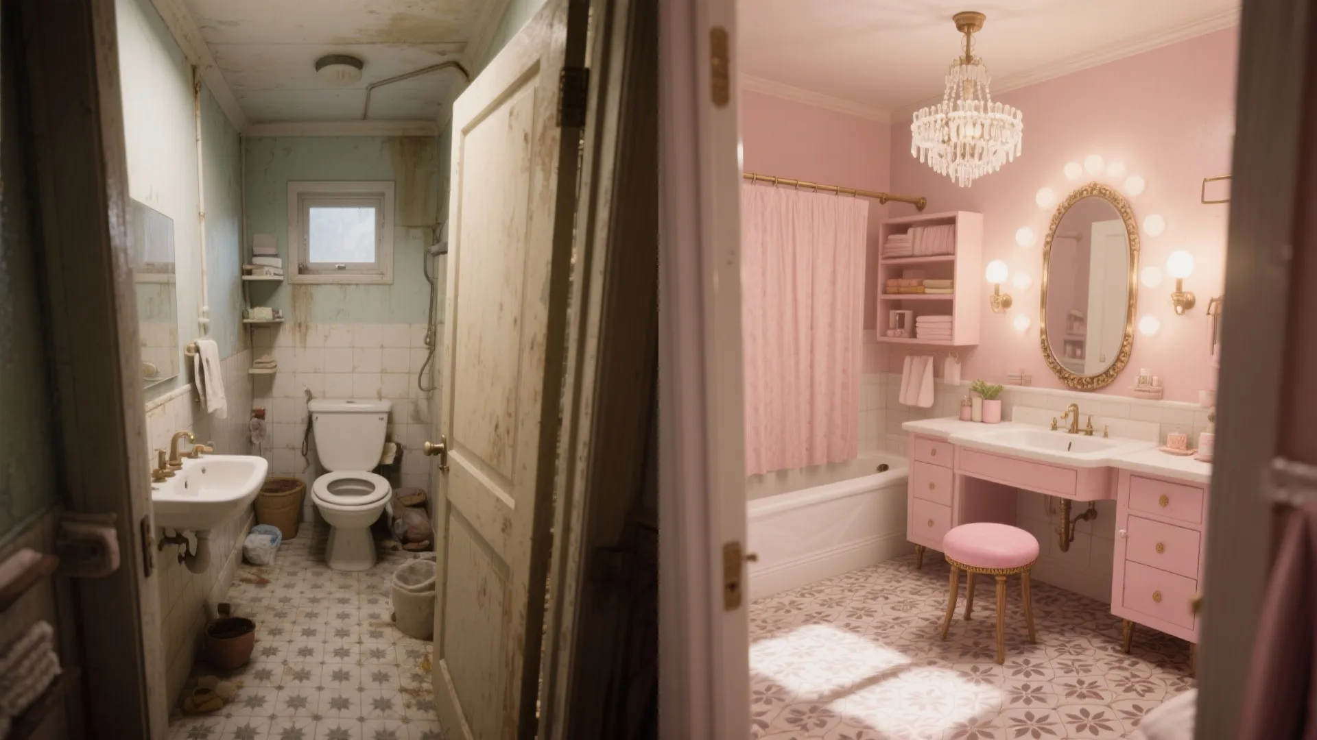 Before-and-after comparison of an old dirty bathroom versus a renovated pink bathroom with ceiling light