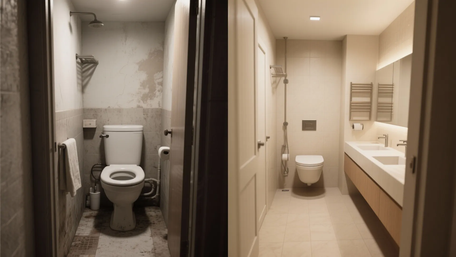Before and after comparison of a dark old toilet versus a modern clean bathroom design