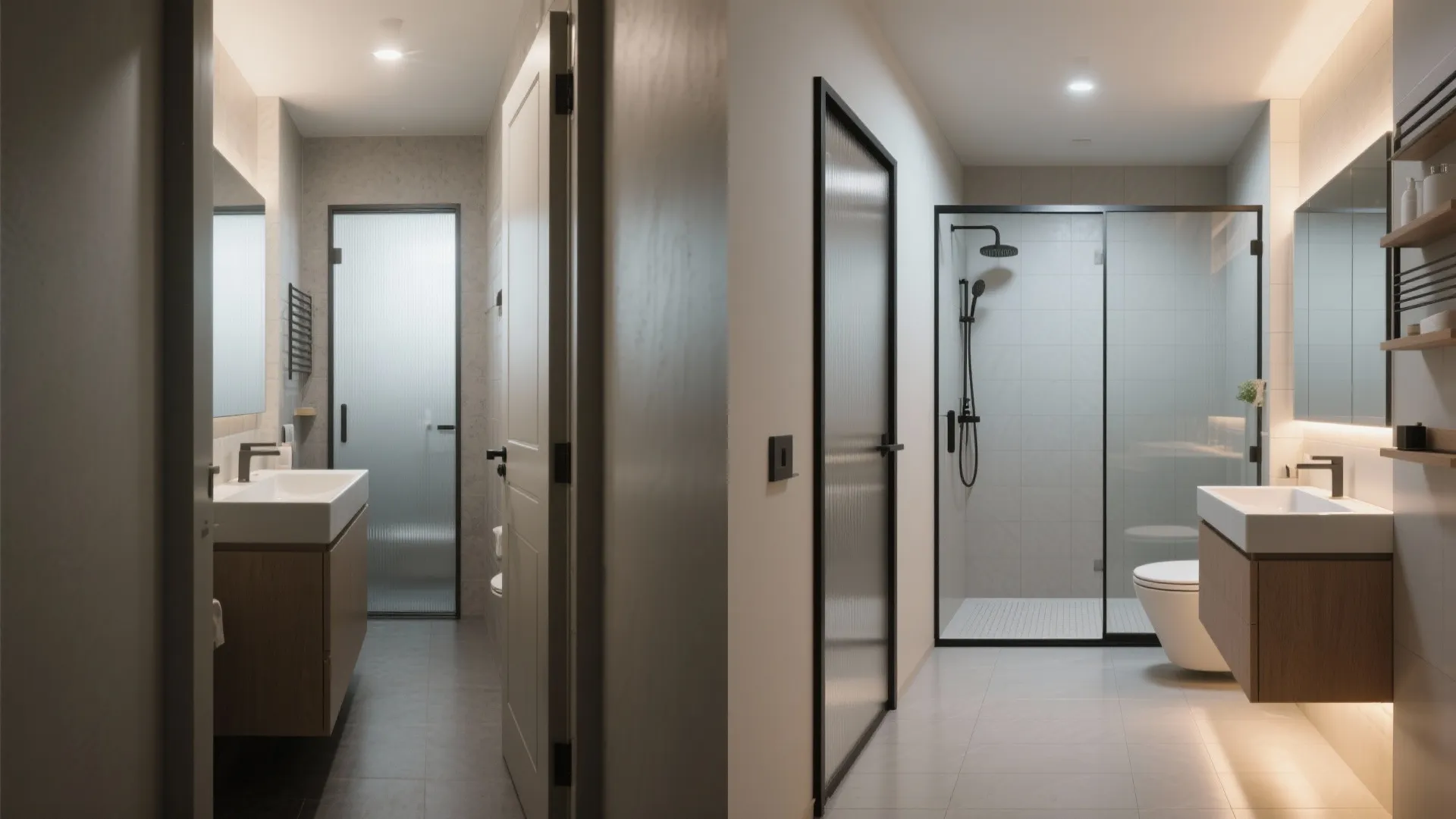 Before and after comparison of a narrow bathroom showing transformation with sliding door, floating vanity, continuous flooring, and glass shower.