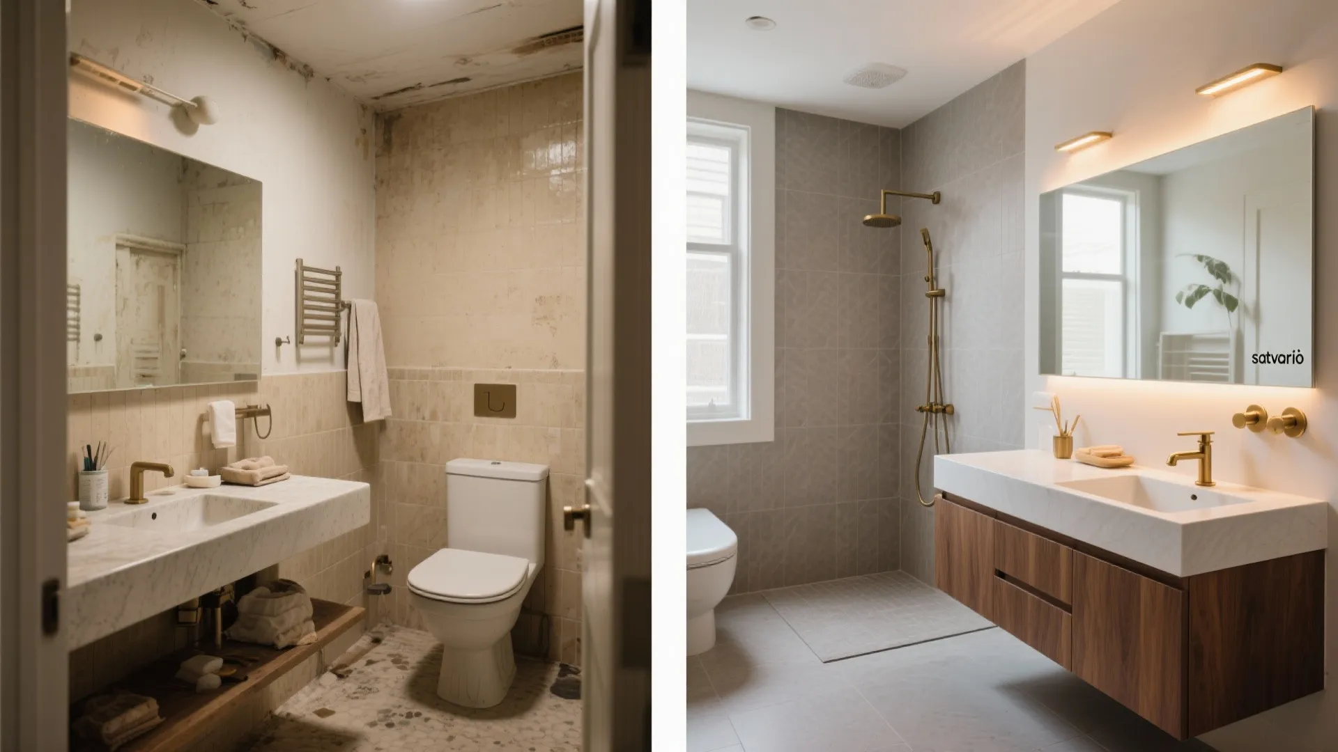 Before and after comparison showing an old dated bathroom transformed into a modern clean space