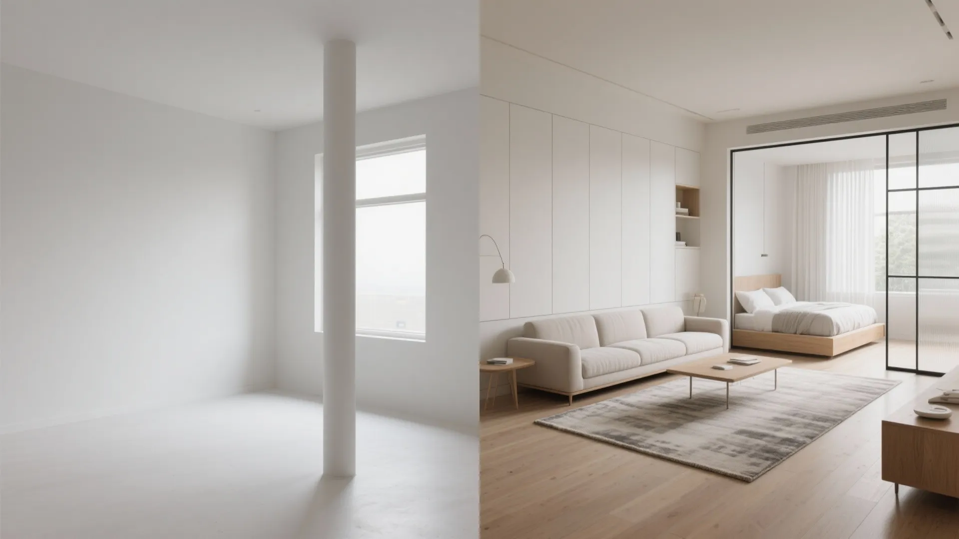 Side by side comparison of an empty white room and a furnished modern living room