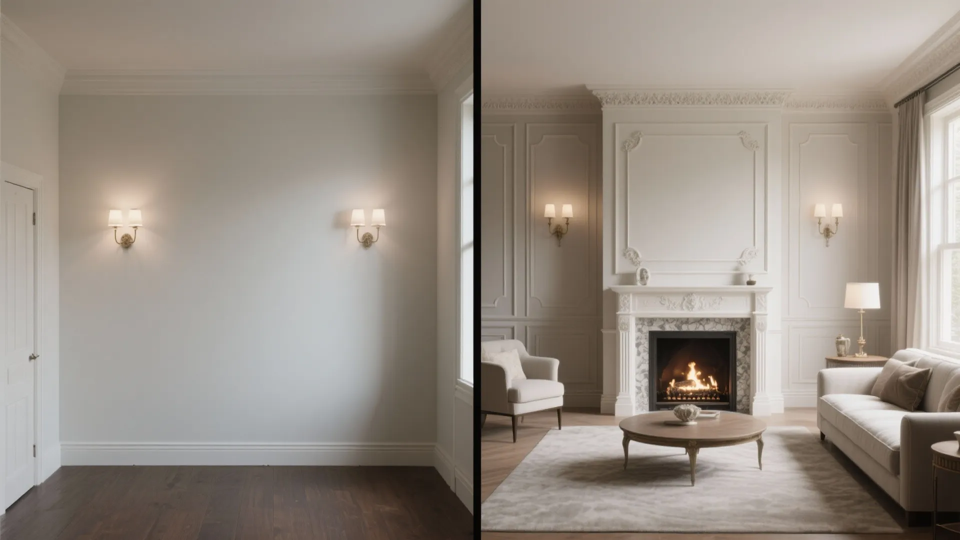 Before and after comparison of empty room transformed into classic living room with fireplace design