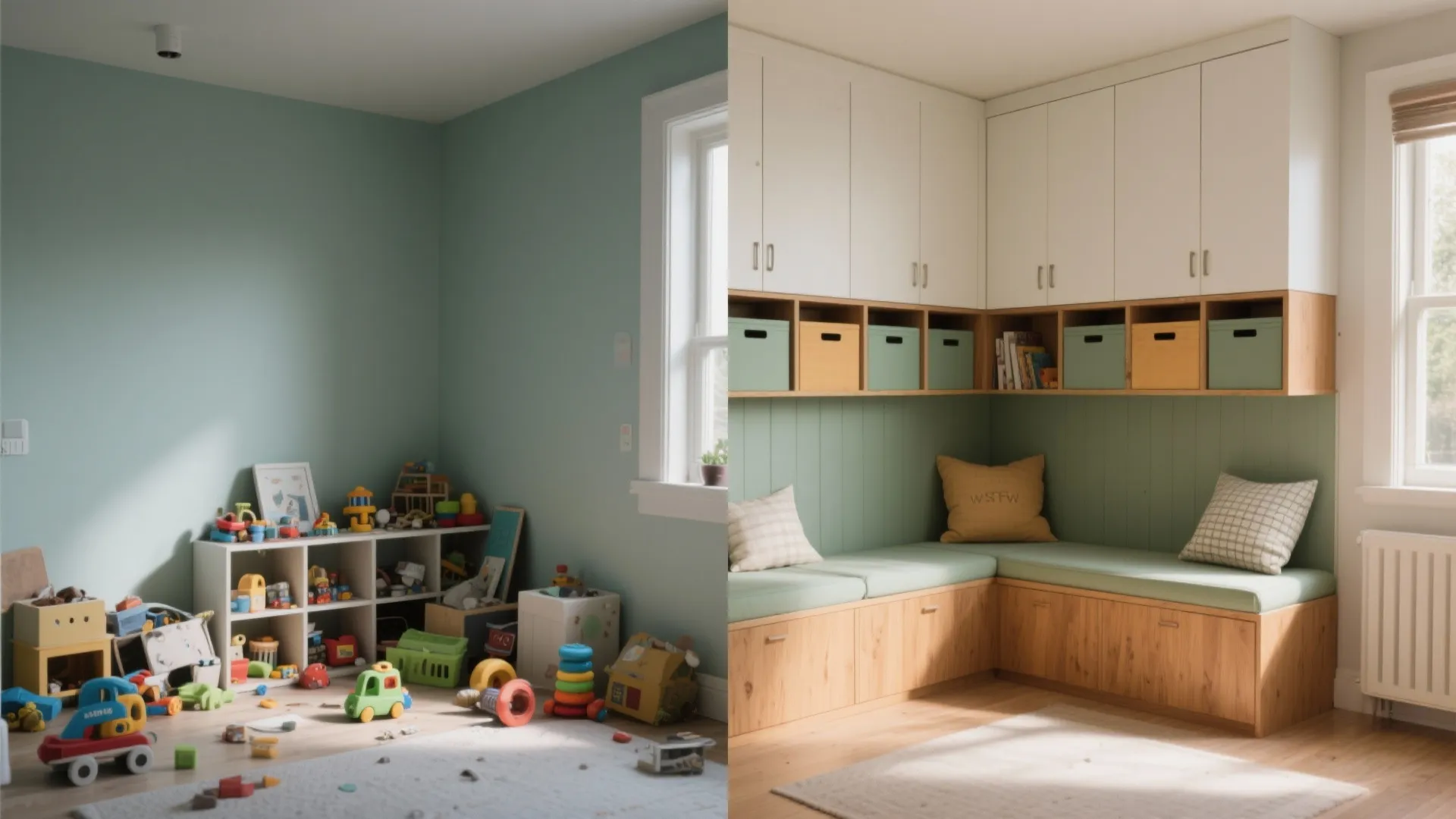Before and after comparison of a messy toy room versus organized storage bench with cabinets